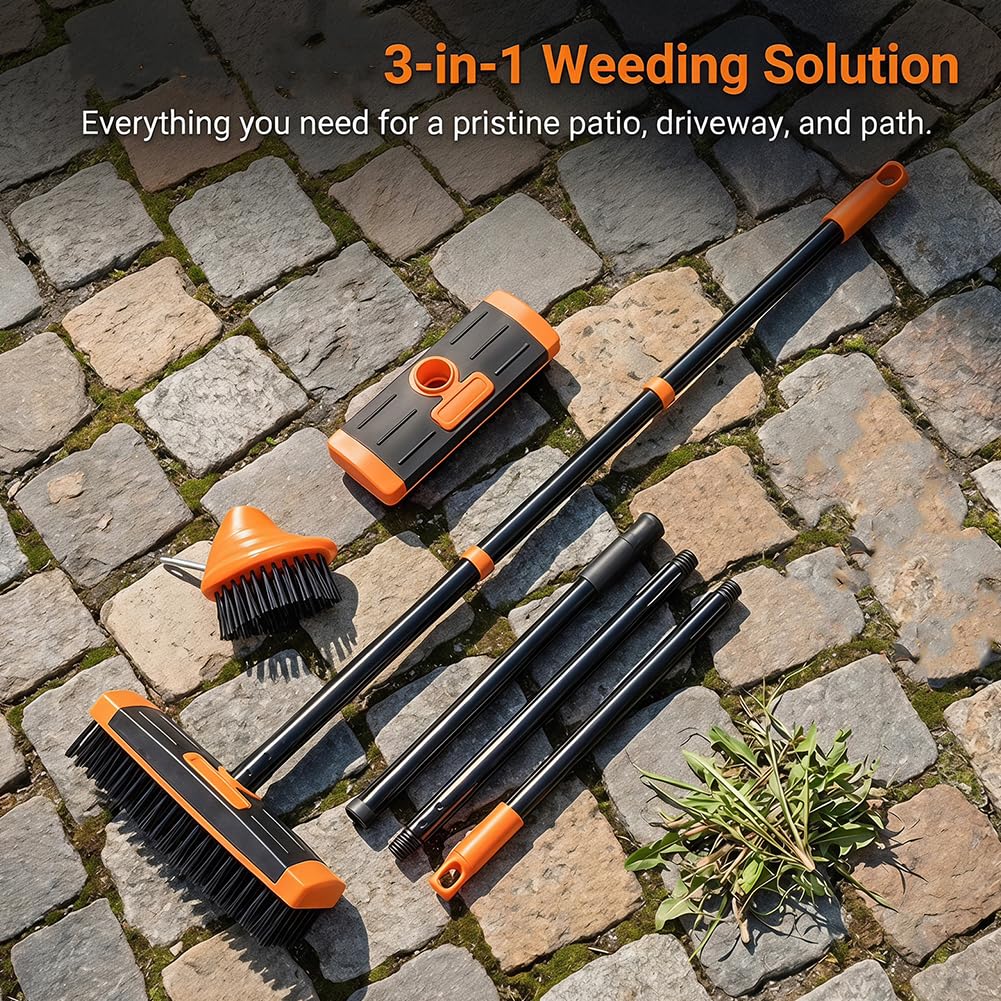 Lot de 2 brosses polyvalentes 3 en 1 avec tête métallique et racloir, outil de nettoyage de la mousse, poignée amovible pour jardin, allée, vert