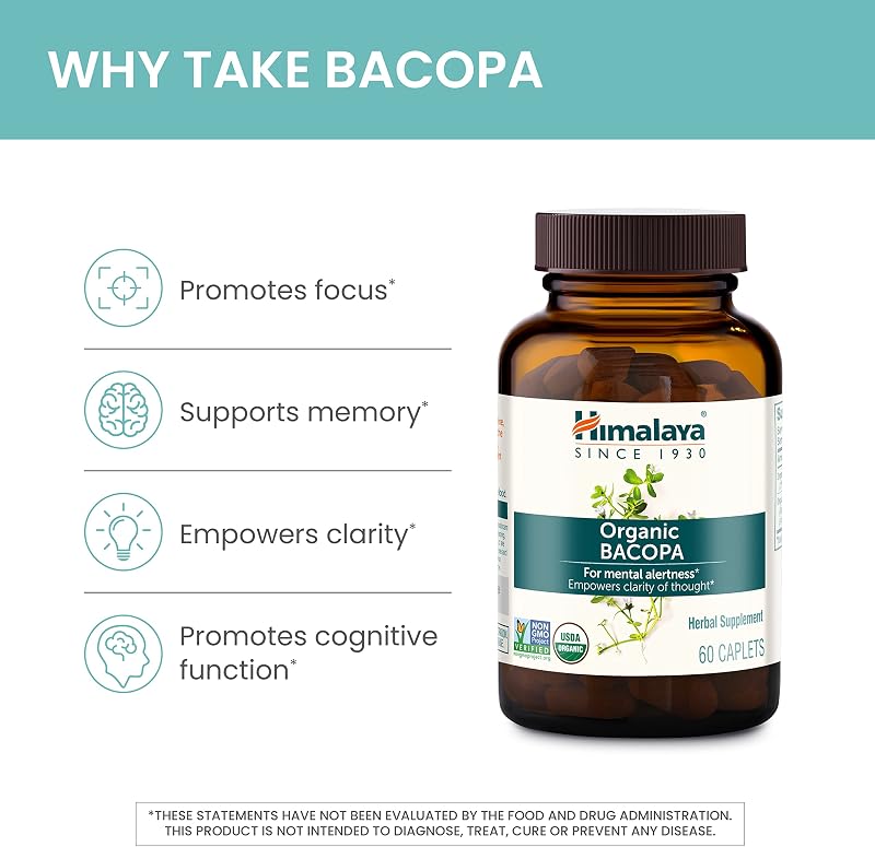 Himalaya USDA Organic Bacopa Monnieri Supplement, 750 mg, 60 Caplets,2 Pack image 5