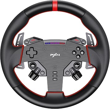 PXN W AS Racing Steering Wheel D1 Quick Release, 11-inch, Hall Effect Paddle Shifters,F1-style Paddles, Dynamic RGB Rev Lights, Leather Grip, PC Steering Wheel, For VD4/VD6/VD10 Direct Drive Bases