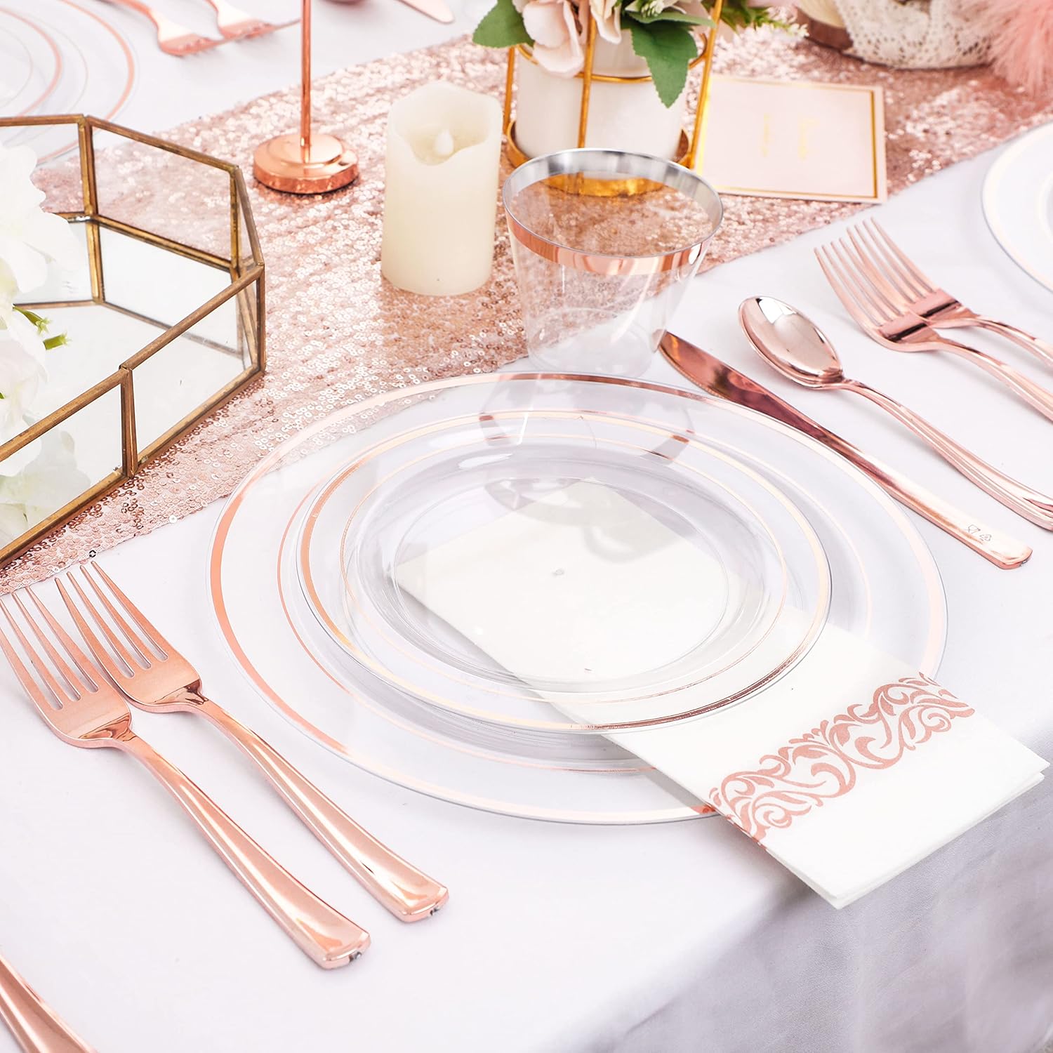 DaYammi 350Pcs Rose Gold Dinnerware Set Include: 50 Dinner Plates 10.25’’,50 Dessert Plates 7.5’’,50 Rose Gold Cutlery,50 Disposable Cups 9 OZ with 50 Napkins for Party - Image 4