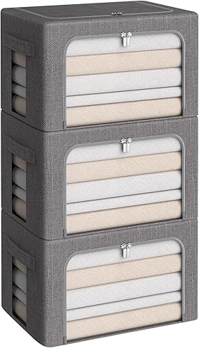 CYhom Paquete de 3 contenedores de almacenamiento plegables, caja de almacenamiento de tela de lino, apilable, organizador de ropa con ventana