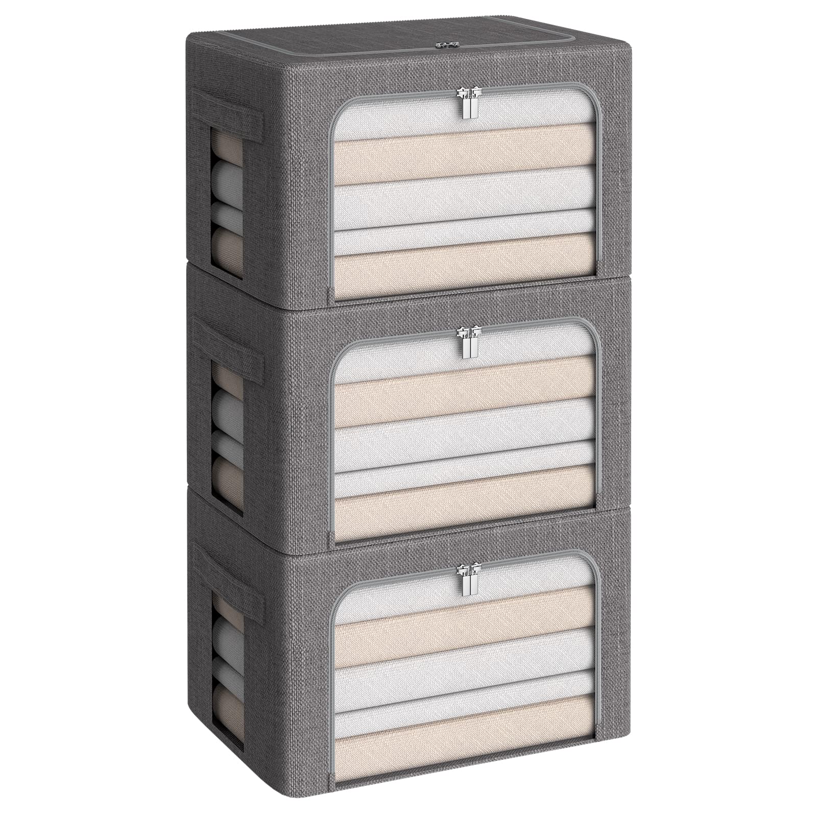 Paquete de 3 contenedores de almacenamiento plegables – Caja de almacenamiento de tela de lino apilable con ventana transparente y asas de transporte, gran capacidad (mediano-36 L, gris oscuro)