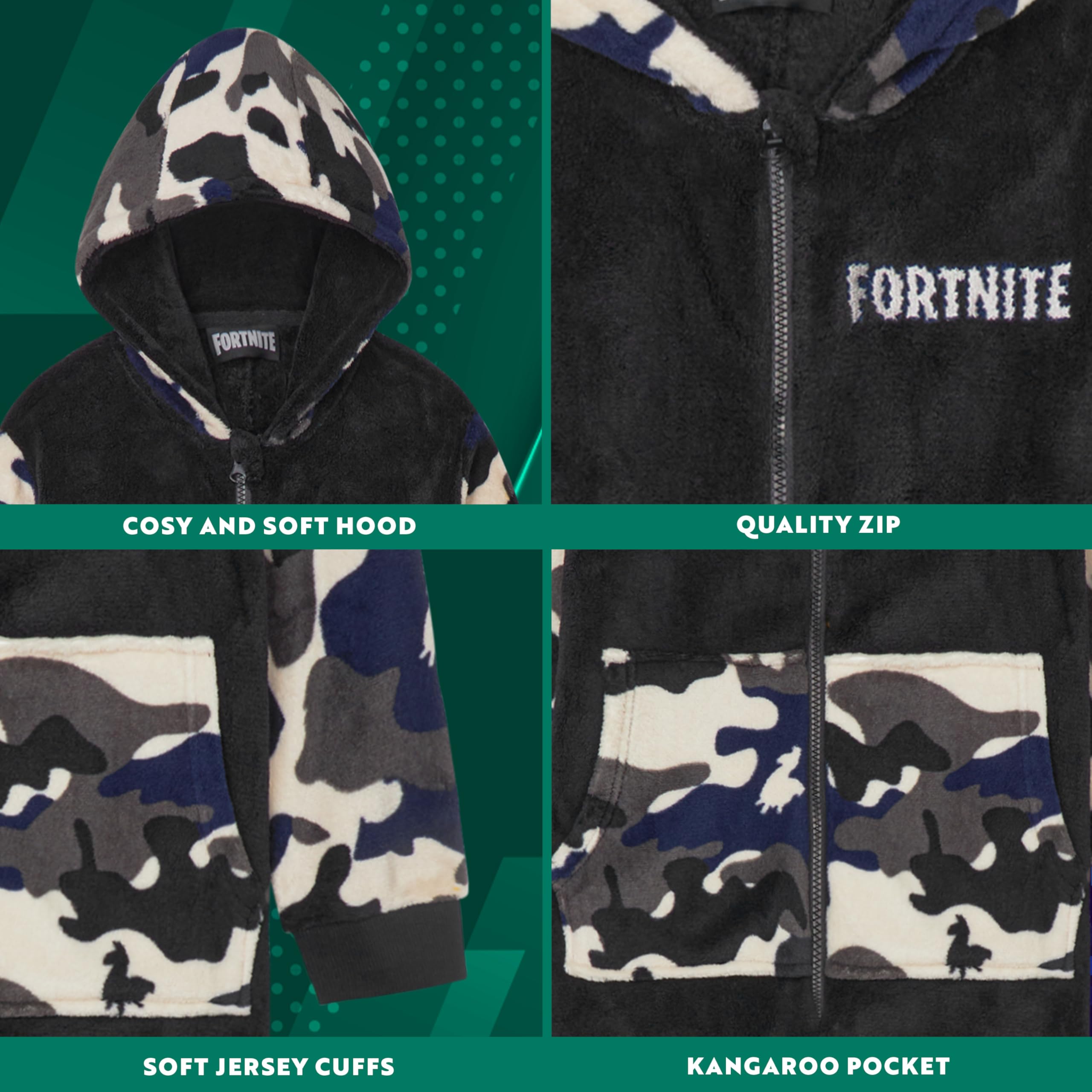 Get Trend Fortnite Grenouillere Adolescent Garcon Combinaison Enfant Pyjama Combinaison Polaire avec Capuche Idée Cadeau Gamer (13-14 Ans, Noir Camo Fortnite)