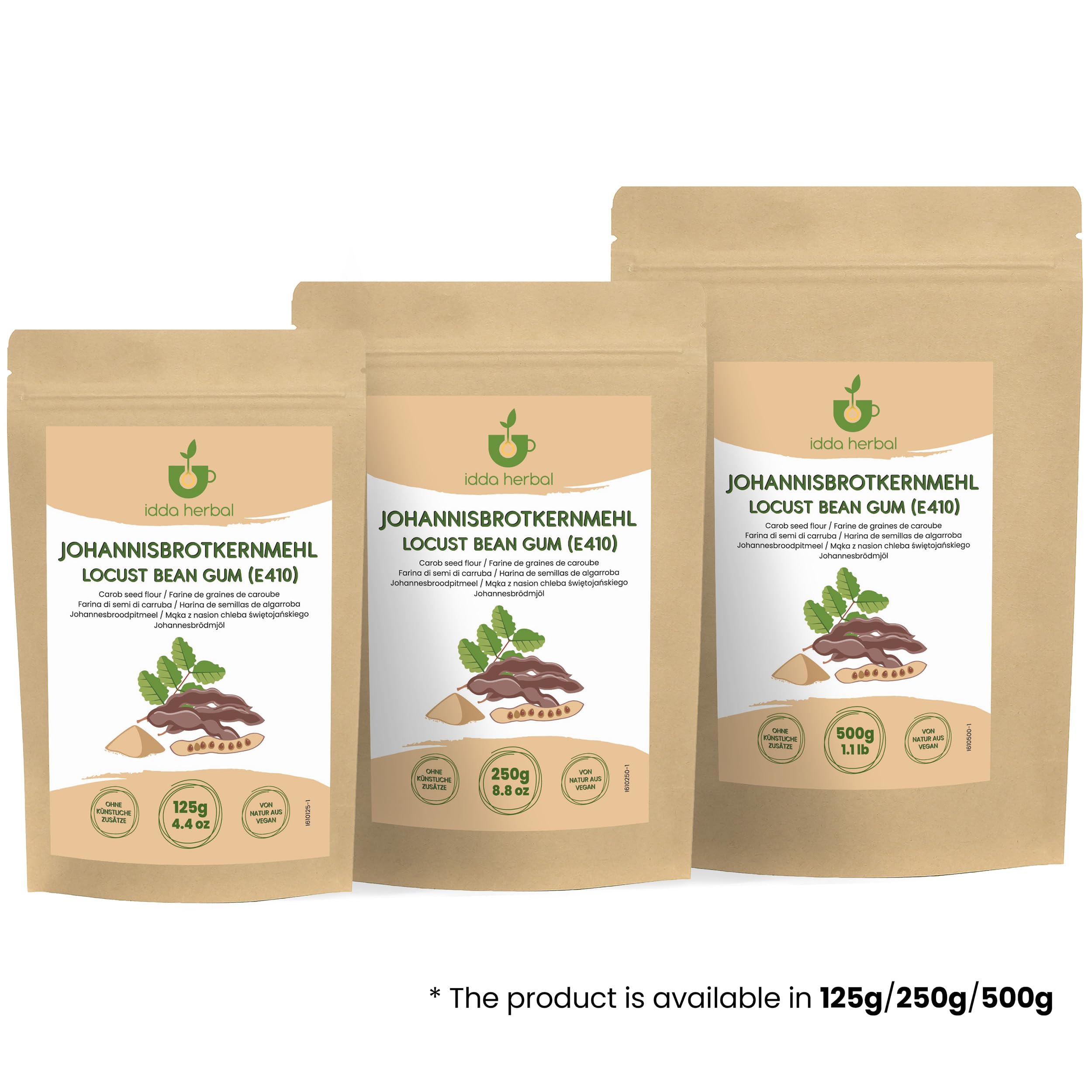 IDDA Herbal Poudre de Caroube E410 500g, Graines de Caroube Poudre sans Gluten, Viscosité 3000 CPS