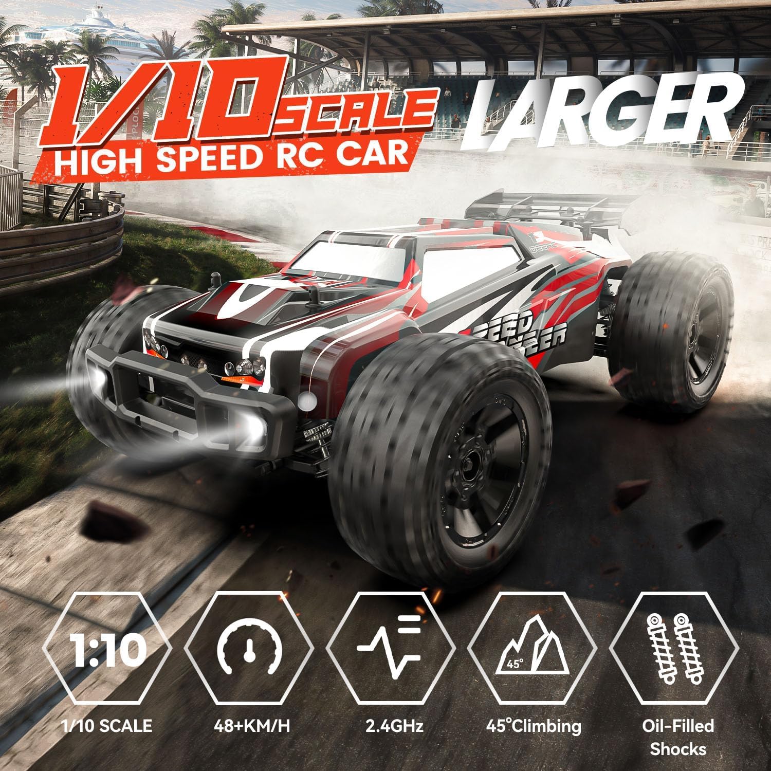 DEERC 9206E RC Ferngesteuertes Auto mit 48 km/h High Speed, 4WD 1:10 CAR Off-Road 2.4GHz Funkfernsteuerung Monstertruck Buggy,2 Akku Lange Laufzeit,Crawler Spielzeug Rennwagen für Kinder Erwachsene