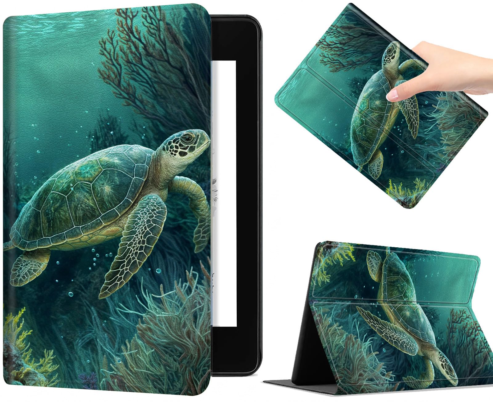 Case for All-New Kindle Paperwhite 11th Generation/Signature Edition 6.8" 2021 Released, Slim PU Leather Multi-Angle Viewing Stand Cover with Auto Wake/Sleep Kids E-Reader, Green Turtle-image-45