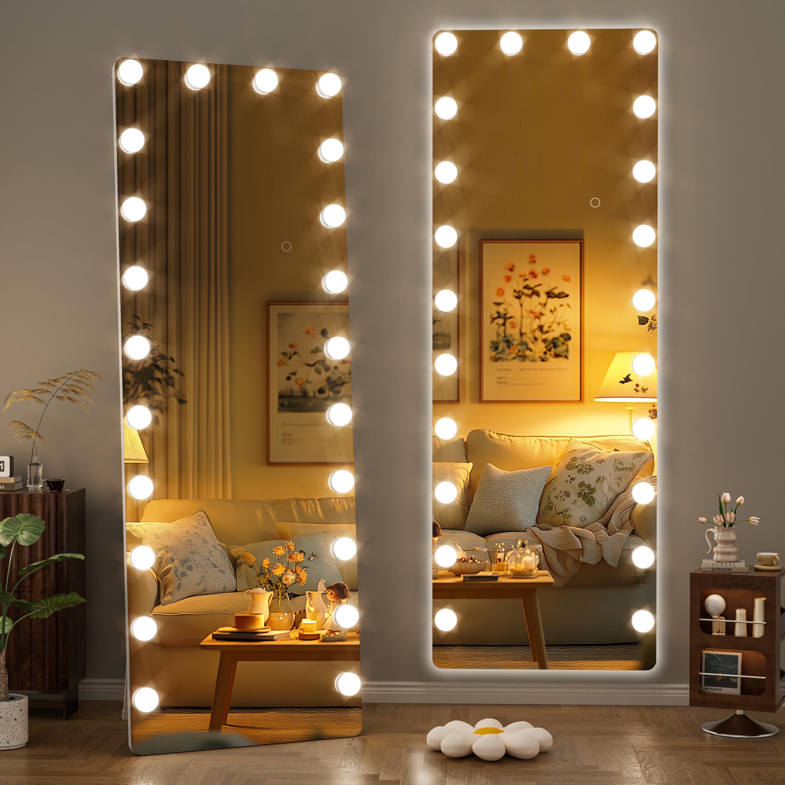 Hasipu 67" x 26" Hollywood Full Length Mirror With Lights, LED Tempered Glass With Stand, Wall Mounted and Floor Standing, Dimming & 3 Color Modes-UL-