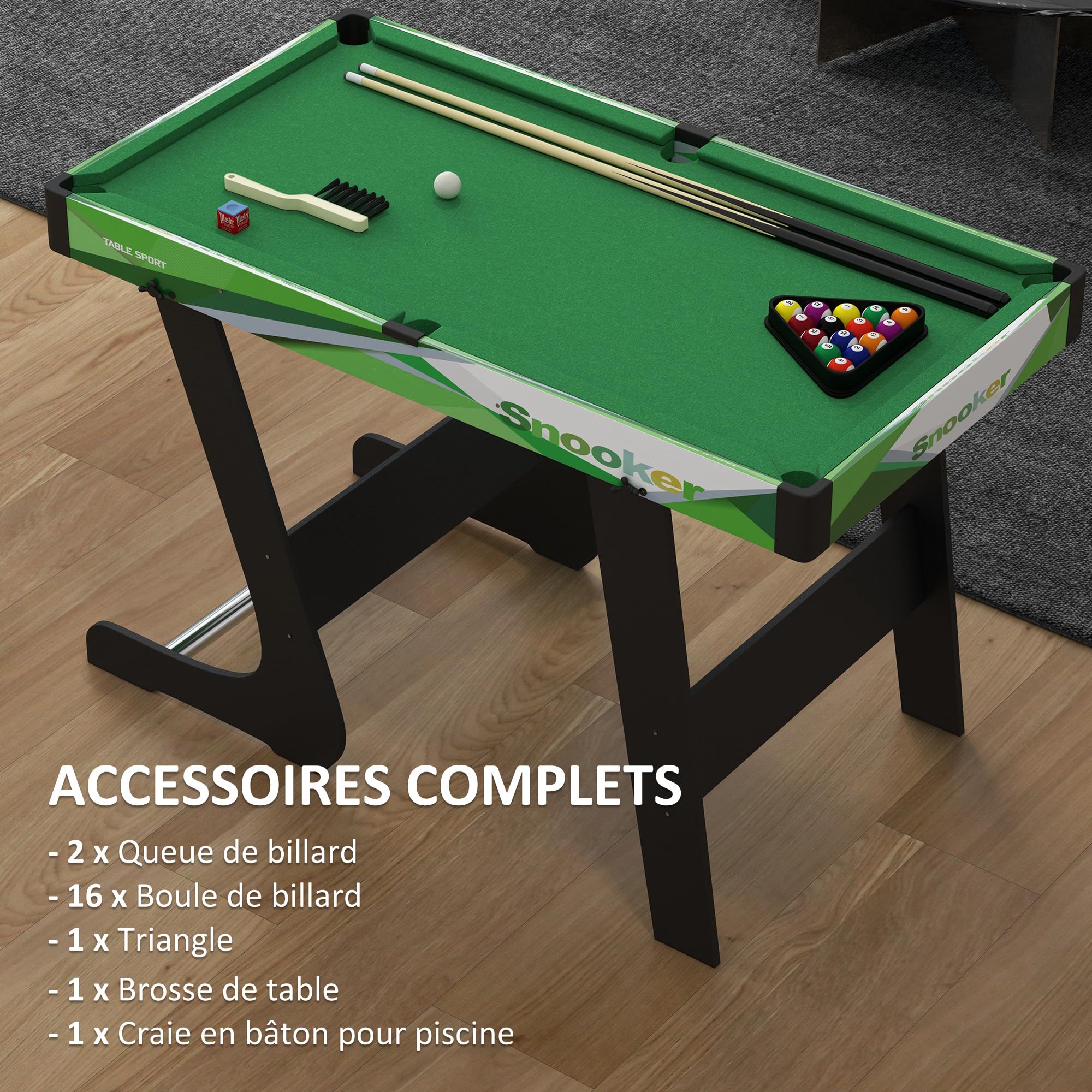 SPORTNOW Table de Billard Pliable américain Compact avec Accessoires 16 Billes, 2 queues, Craie, Triangle, 104L x 55,5l x 68H cm, Tapis Vert