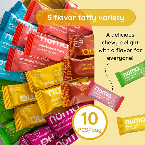 Numa Foods Nutritious Chewy & Creamy Candy Variety Pack - Low Sugar, All-Natural, Gluten Free, High Protein - 5 Bags of 10 Individually Wrapped Chews Each of Vanilla Banana Strawberry Coconut Coffee