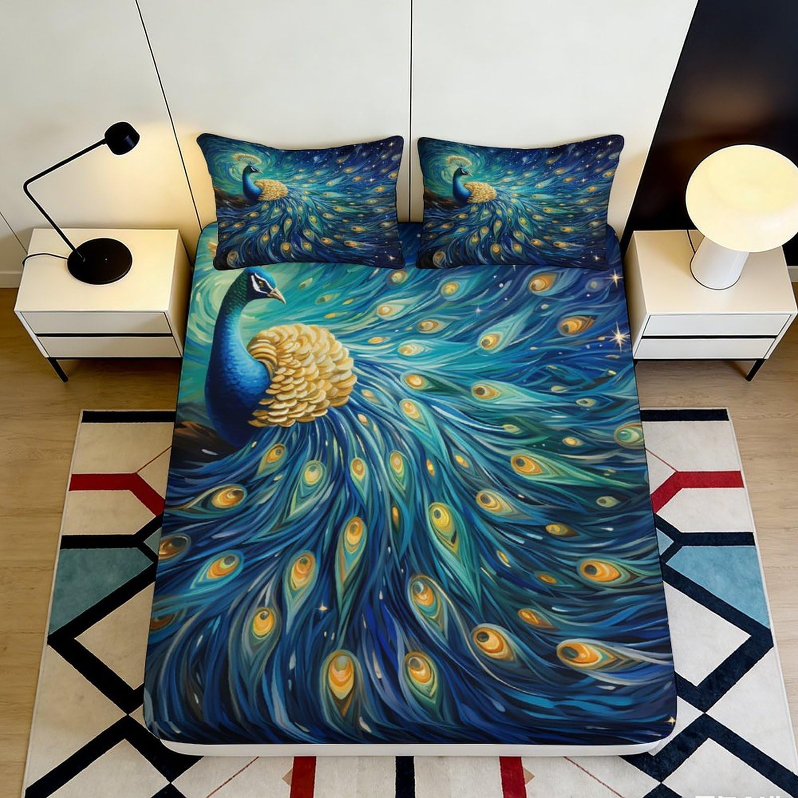 Jqzkxnhpbr Style-7 3D Printed Peacock Art Fitted Sheet Microfiber Soft Blue Gold Feather Bed Cover For Bedroom Dorm Mattress Decor 90X200x25cm