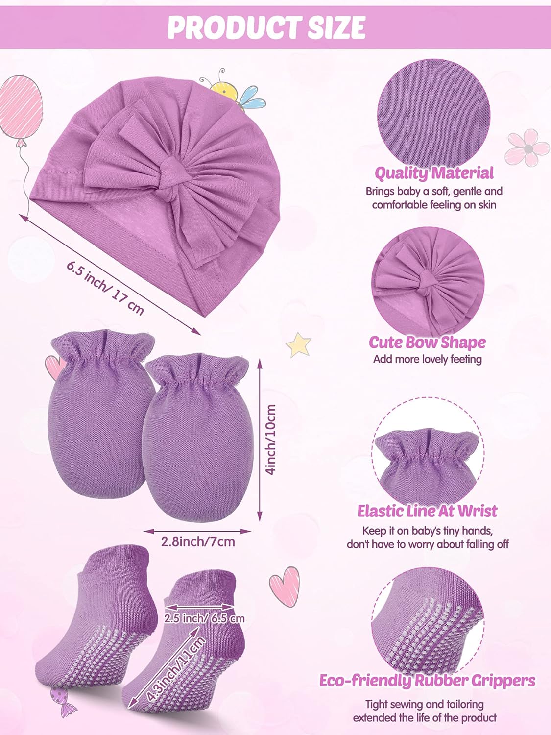 Leumoi 18 Pieces Newborn Baby No Scratch Mittens and Socks Sets Gloves Baby Turban Knot Hats Nonslip Grip Ankle Socks for Girls - Image 3