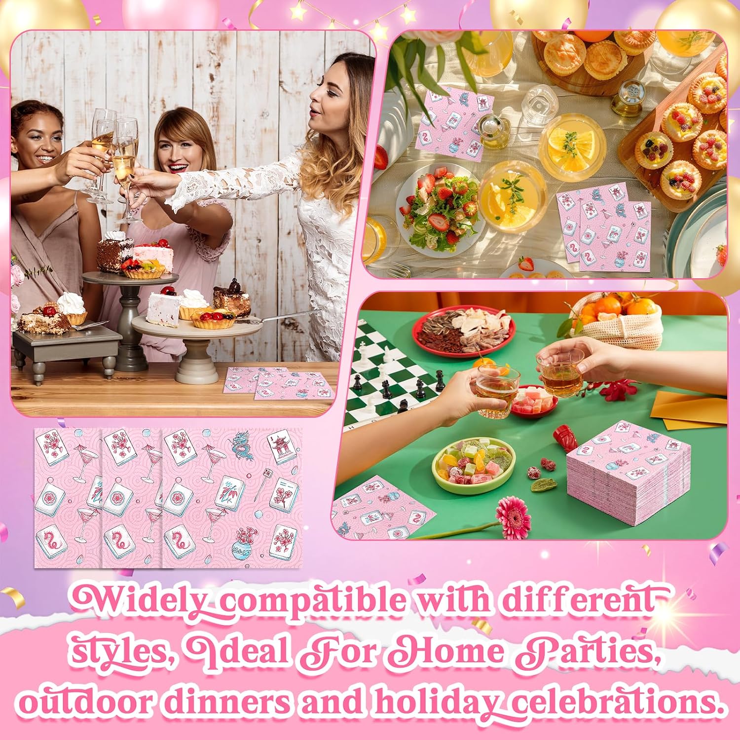Yungyan 150 Pcs 3-ply Mahjong Cocktail Napkins Bulk 5''x 5'' Pink Mahjongs Paper Napkins Mah-jong Party Supplies Disposable Beverage Guest Napkin for Wedding Bridal Shower Supplies(Pink Mahjong)