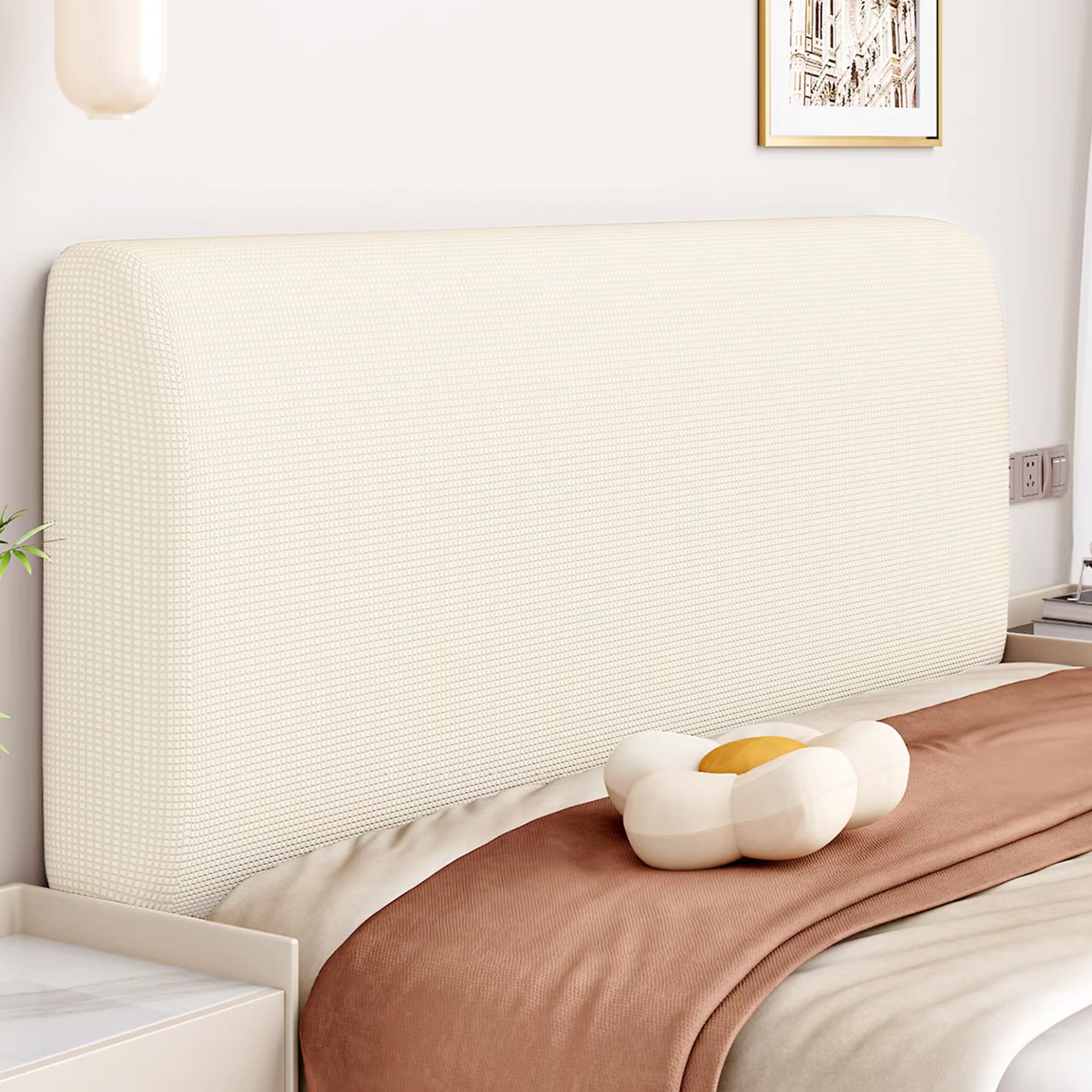 Copri Testiera Letto Elastico Copertura Testiera Letto Forma di Chicco di Mais Rivestimento Antipolvere per Testiere Letto Bianco Sporco 120cm