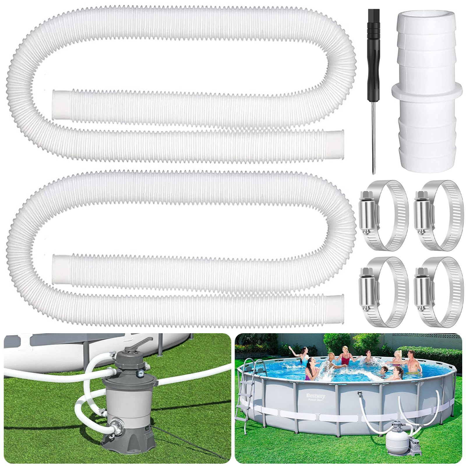 Amzeeniu 2 Piezas Manguera de Repuesto para Piscina 32mm,Repuesto Manguera de Bomba Piscina,para Piscinas Elevadas,con 4 Abrazaderas de Metal(1,5 M)