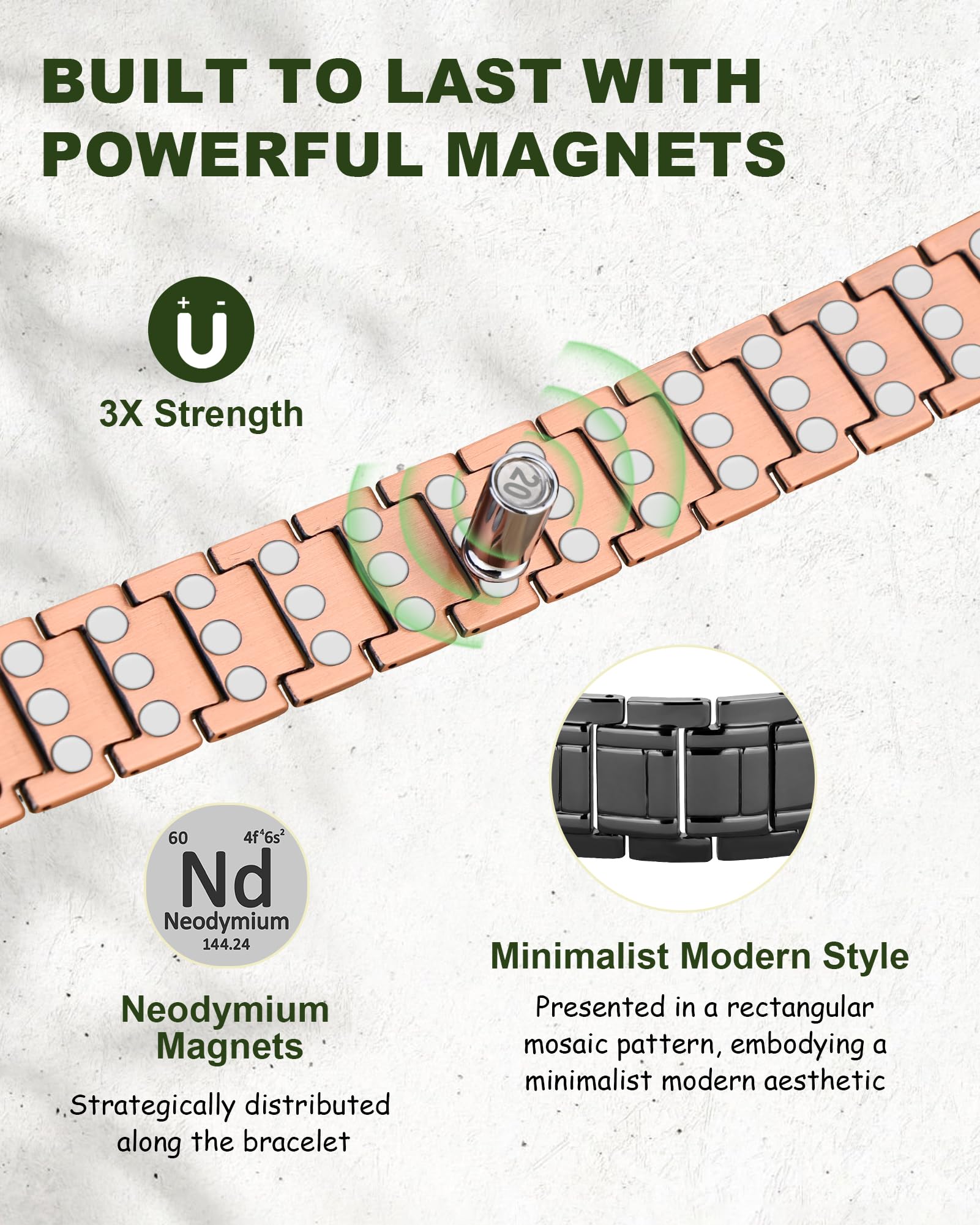 MagEnergy Pulsera de cobre para hombre, pulsera magnética ajustable con herramienta de extracción de eslabones