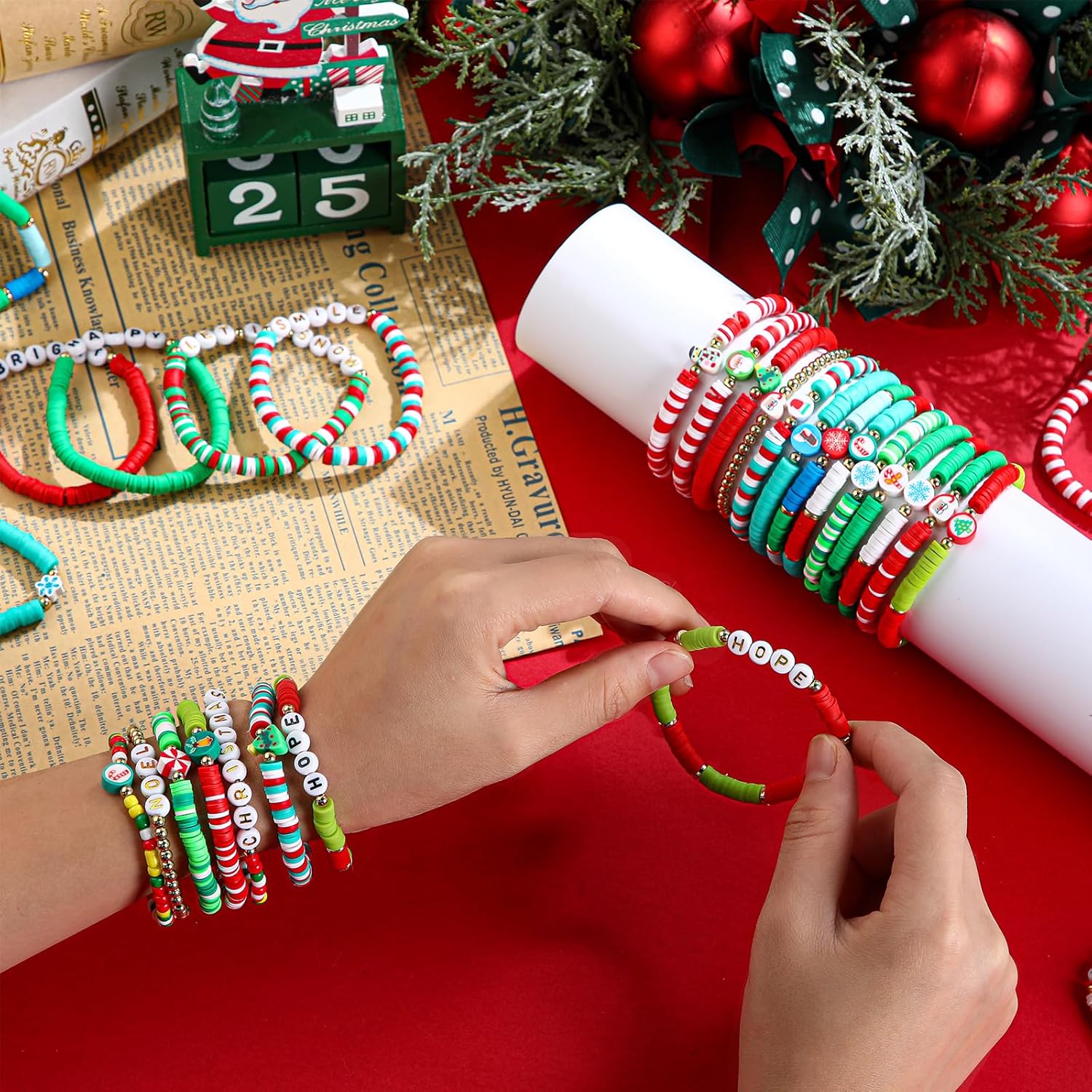 80 Pcs Christmas Bracelet Set Heishi Bracelet Colorful Clay Bead Friendship Bracelets Set Adjustable Stretch Bracelets Stackable Clay Disc Preppy Bracelets for Xmas Gift Holiday Party - Image 4