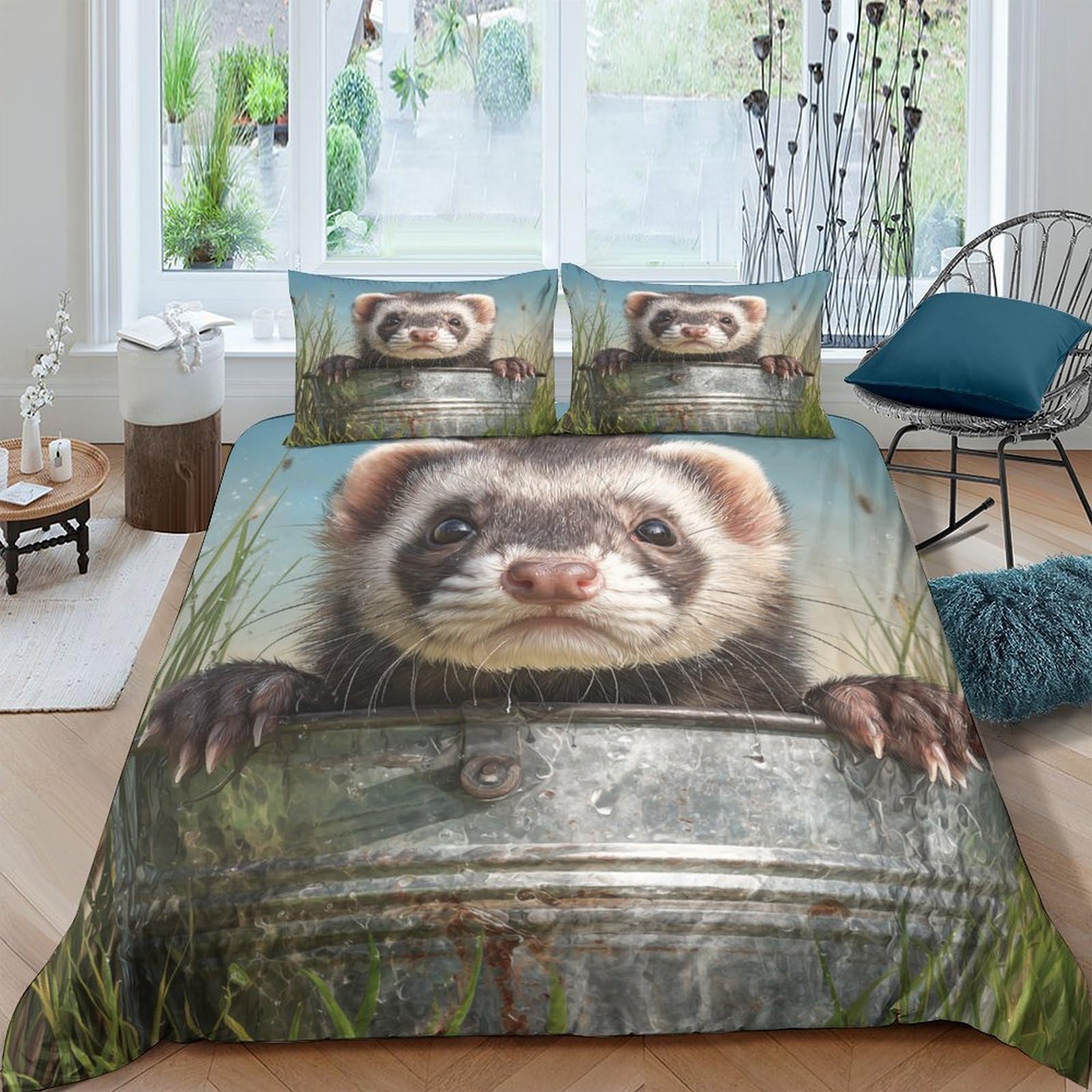 GPLZQXKJNH 3D Printed Ferret Animal Duvet Cover Microfiber Soft Breathable Forest Nature Bedding Set with 2 Pillowcases for Bedroom Decor Single（135x200cm）