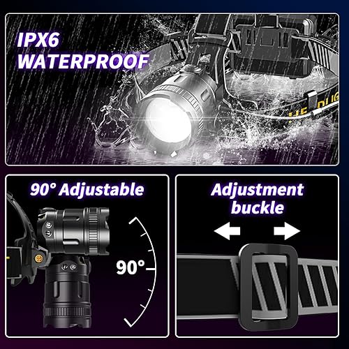 Miniatura 4 de Faro LED de alto lúmenes con sensor de movimiento súper brillante, 3 modos de iluminación, pantalla digital, recargable, lámpara de cabeza