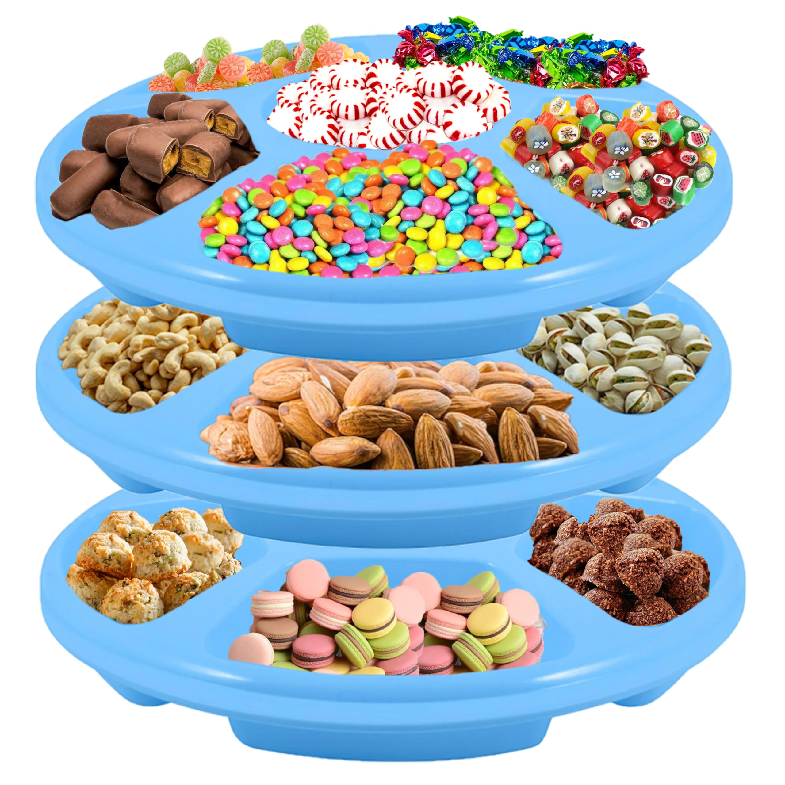 HOMESHOPA Plastic Compartment Trays, 3 Pack Lightweight Reusable Serving Platters for Parties, Compartment Appetizer Platter, Round Divided 6 Section Food Catering Trays for Snacks Fruits Nuts, Blue