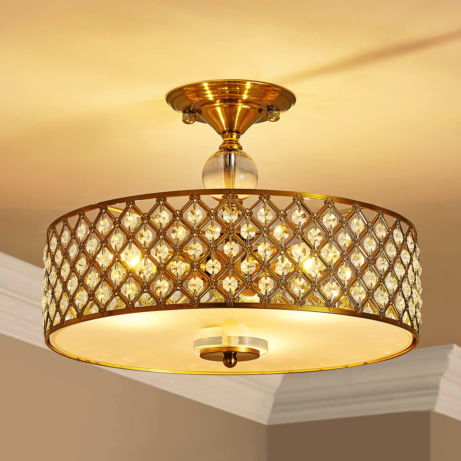 Saint Mossi kryształowa lampa sufitowa, nowoczesny design półspłukiwania, idealna do salonu, sypialni, jadalni, D 40 cm x wys. 28 cm, 3 światła, złota rama