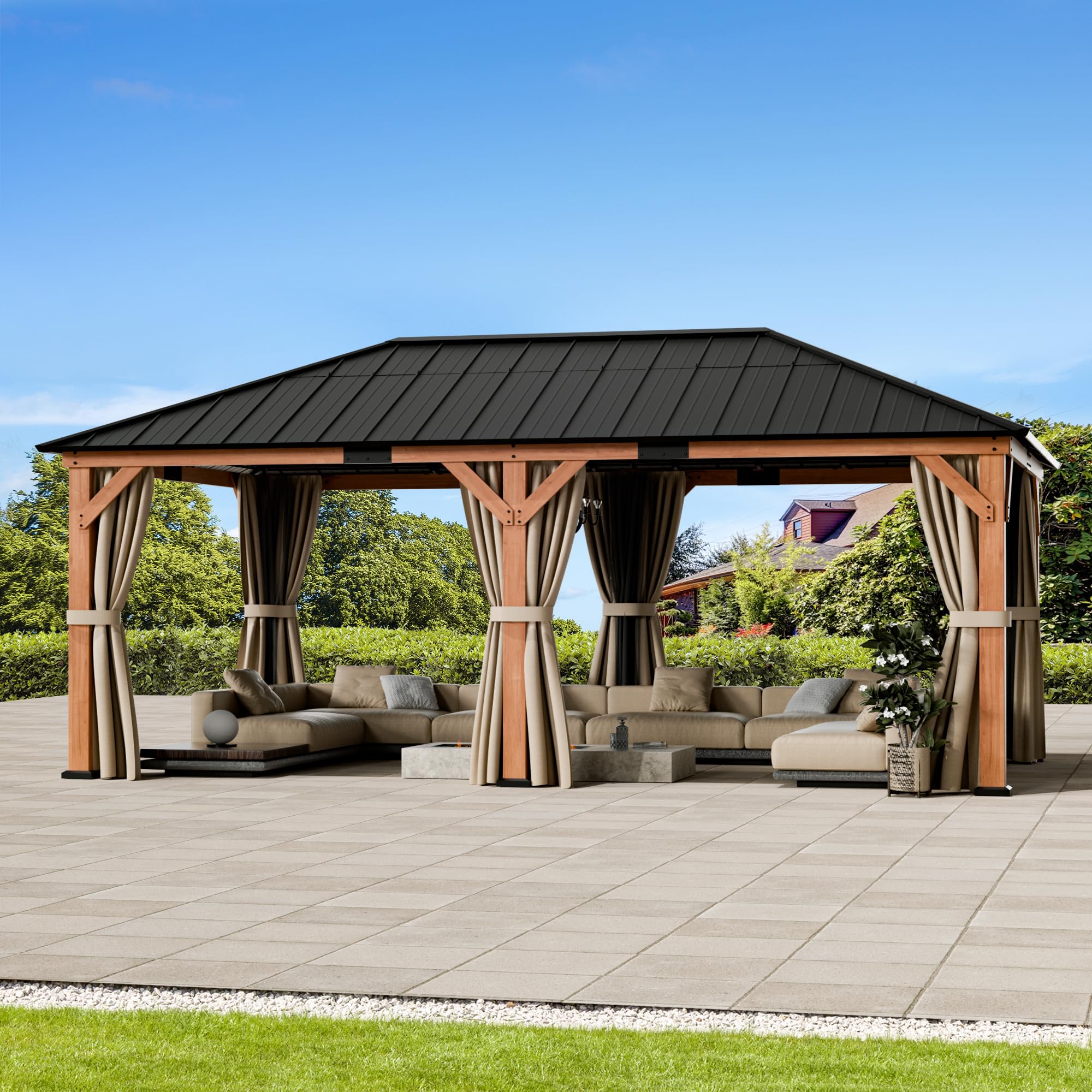 Modern Shade Tranquil Grove Wood Gazebo 12' x 20', Grill Gazebo with Galvanized Steel Roof, Mosquito Netting and Curtains, Permanent Hardtop Pavilion