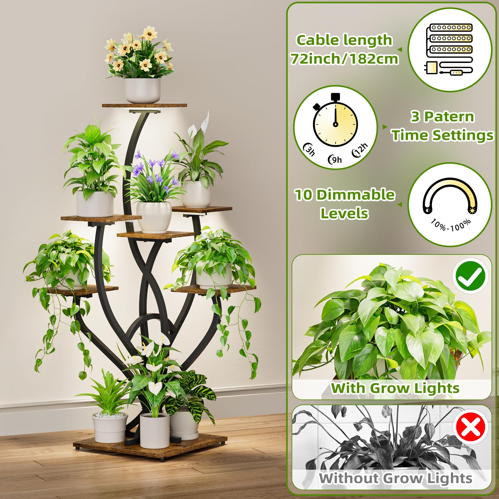 EVAWOO Support Pour Plantes D'intérieur Avec Lampes De Croissance – Étagère D'angle à 7 Niveaux, Supports De Fleurs De 119,4 Cm De Haut Pour Plantes D' Intérieur, Support De Présentation Pour La