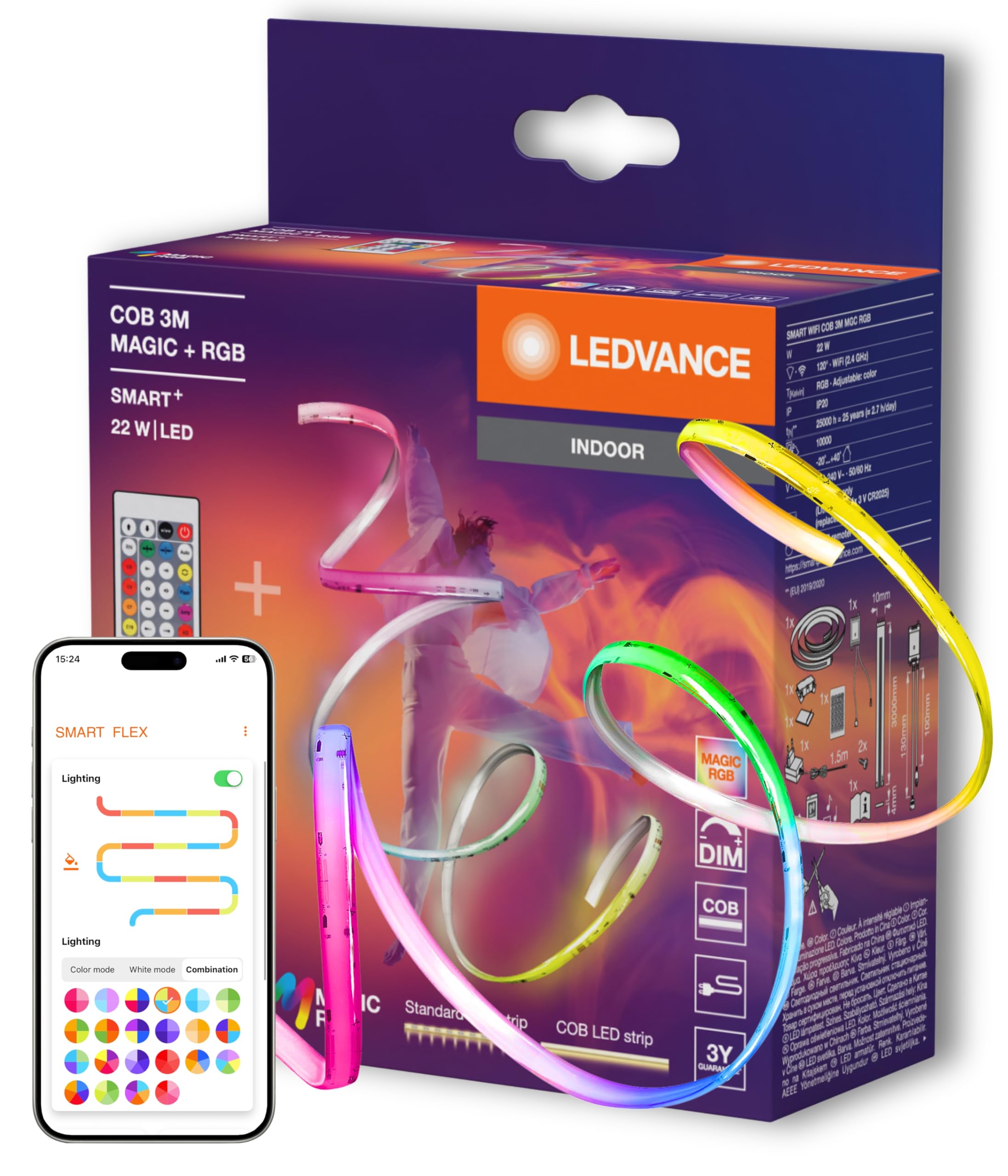 LEDVANCE SMART WIFI Striscia LED con telecomando incluso con controllo del colore MAGIC RGB, tecnologia COB per un effetto luminoso uniforme, 22 W, lunghezza 3 m, per applicazioni interne