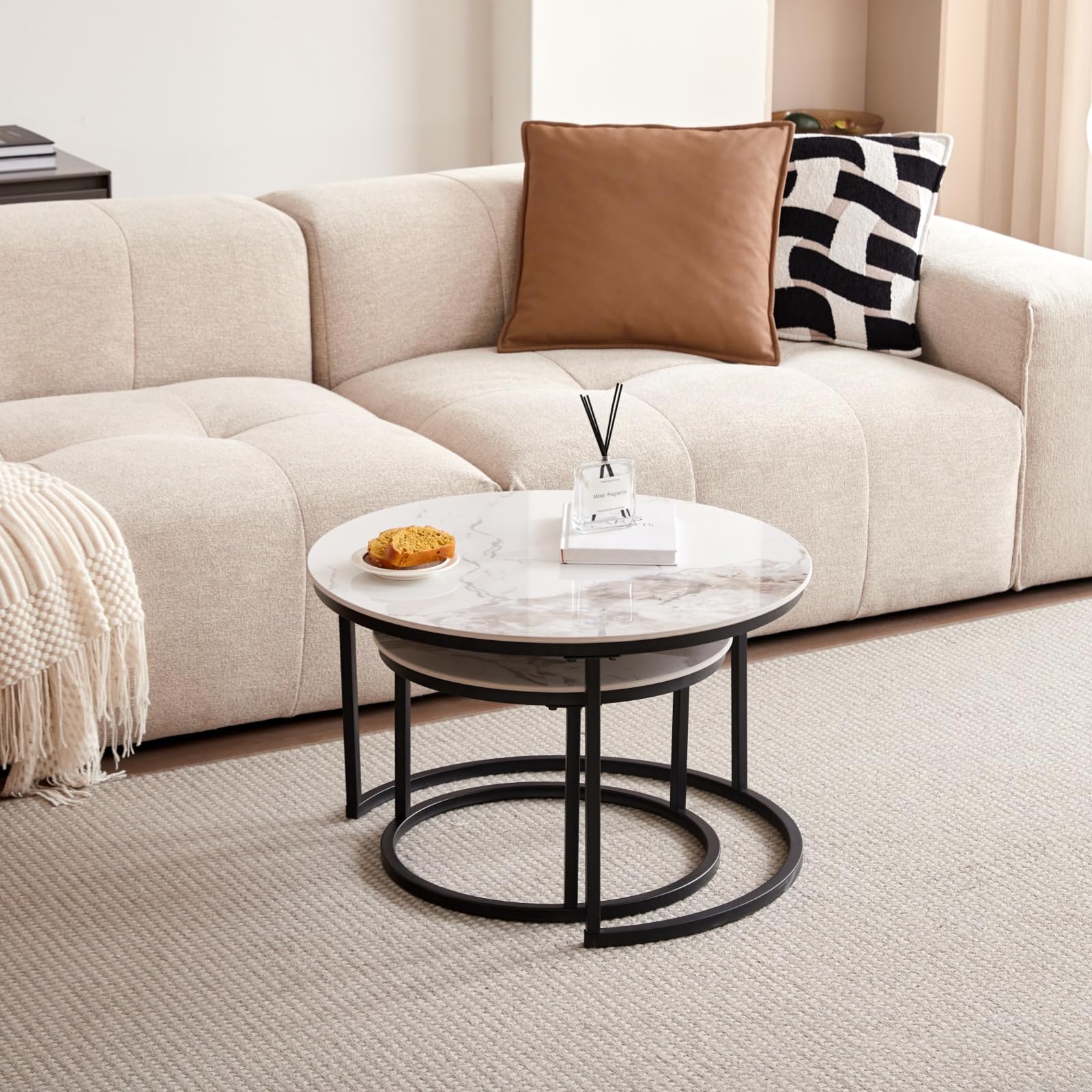 Runder Couchtisch, Beistelltisch aus Pandora-Sinterstein für das Wohnzimmer, Nordischer Couchtisch mit Metallbeinen, Geeignet für Wohnzimmer, Balkon, Schlafzimmer – Schwarzer Rahmen