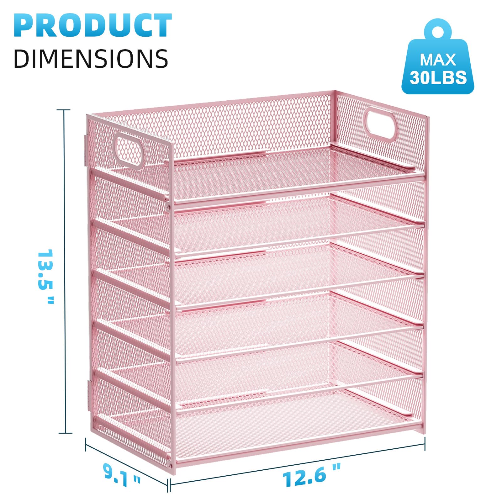 Marbrasse Organizer per carta a 6 ripiani, organizer per documenti da scrivania in rete con manico, organizer per cartelle di carta per lettere/A4 da ufficio - rosa