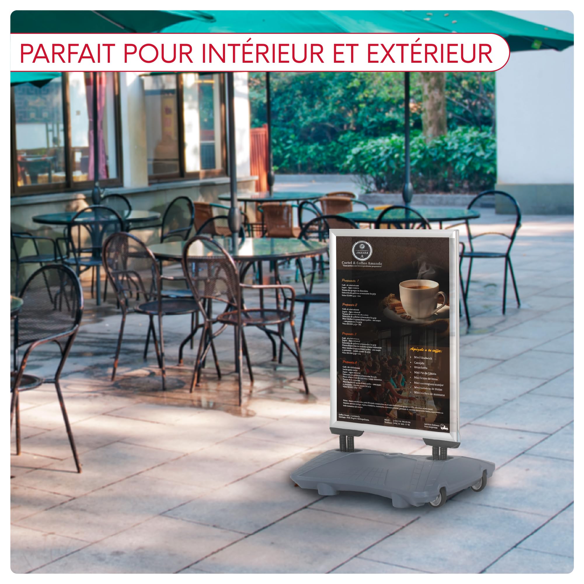 Présentoir publicitaire extérieur avec base rechargeable et roues | Support pour affiche avec cadre d'ouverture click | Idéal pour la publicité dans les rues et les commerces | A1 | Gris