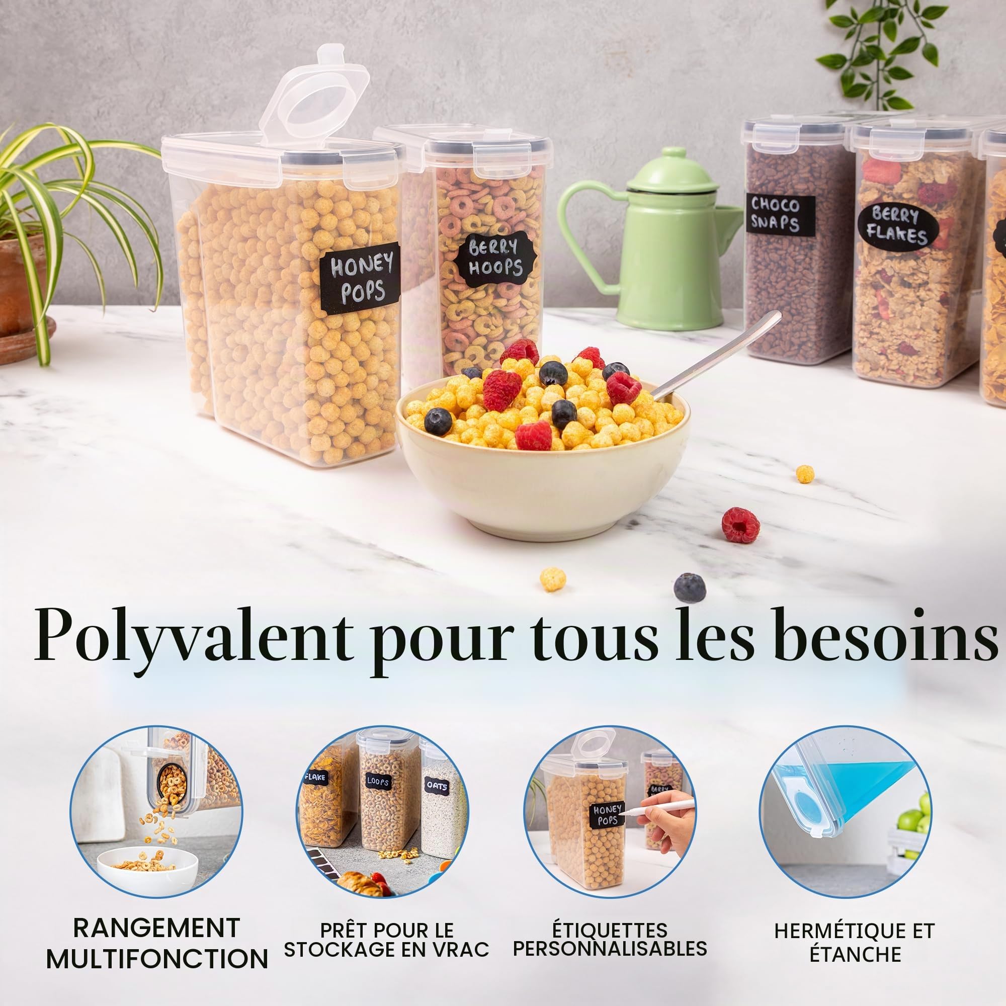 nuovva Lot de 4 boîtes de conservation en plastique pour céréales - Distributeur de céréales pratique - Qualité alimentaire et sans BPA - Durable et facile à utiliser - Idéal pour les cornflakes
