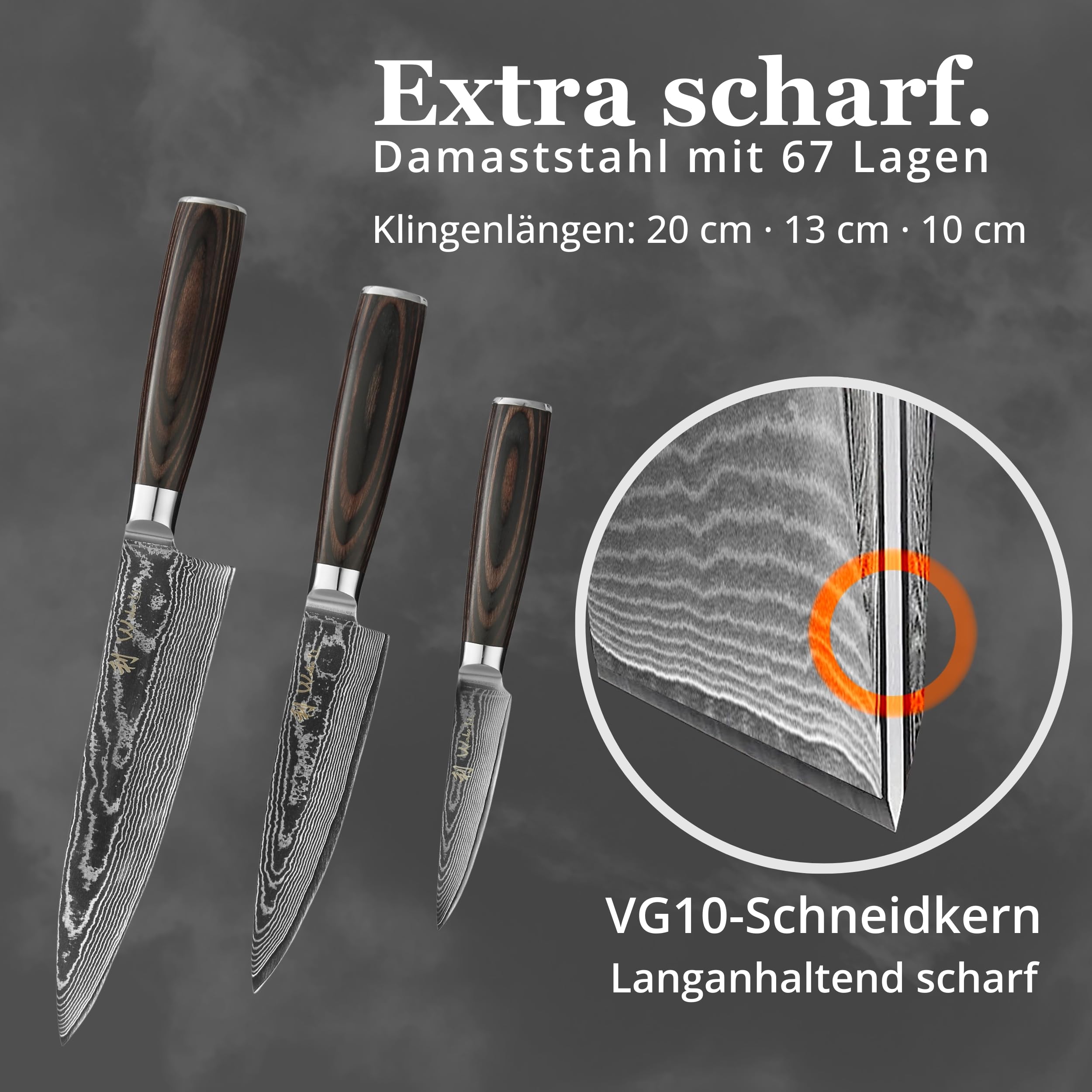 Wakoli EDIB Essentials 3er Messerset aus 67 Lagen Damaststahl mit VG10-Kern | Chefmesser, kleines Chefmesser und Officemesser; Pakkaholzgriffe, Holzbox, 60 ± 2 HRC, für Fleisch, Fisch, Gemüse und Obst