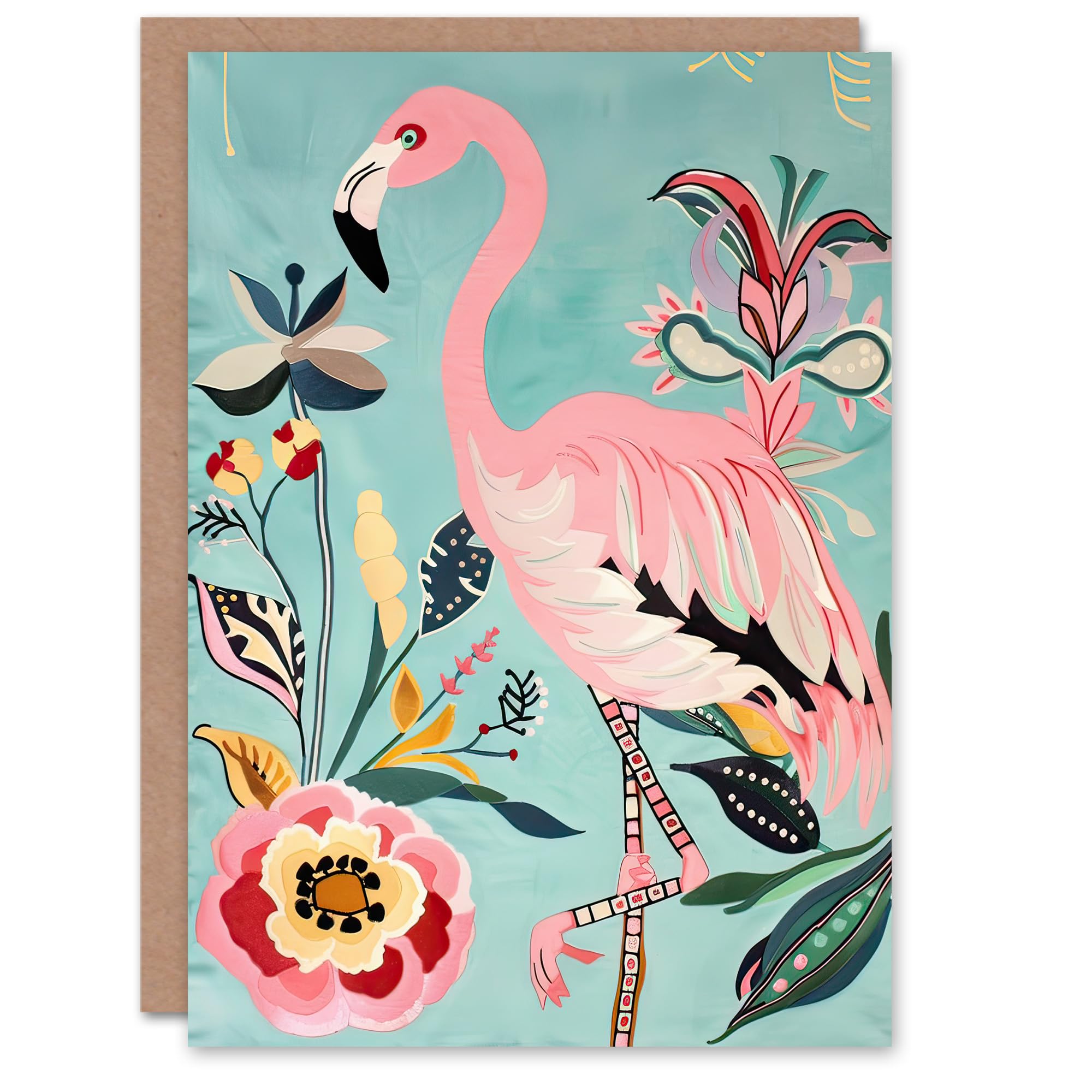 Artery8 Greeting Card Flamingo Bird and Exotic Flowers Bright Painting For Her Woman Birthday Card