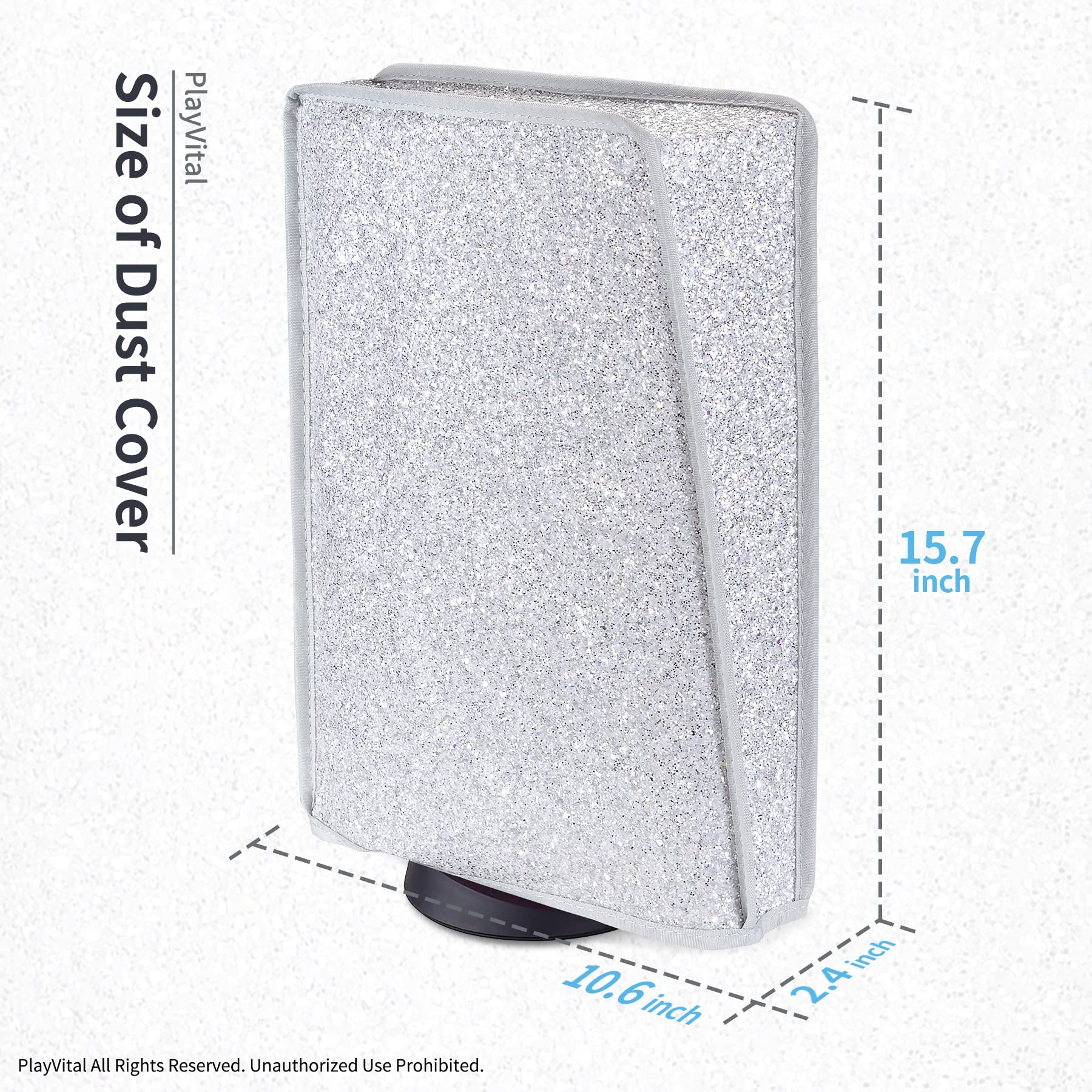 PlayVital Cover per ps5 Console, Copertura Antipolvere Impermeabile Verticale in Nylon per ps5 Standard Console Disc&Digital Edition (Non per Slim/Pro),Argento Scintillante