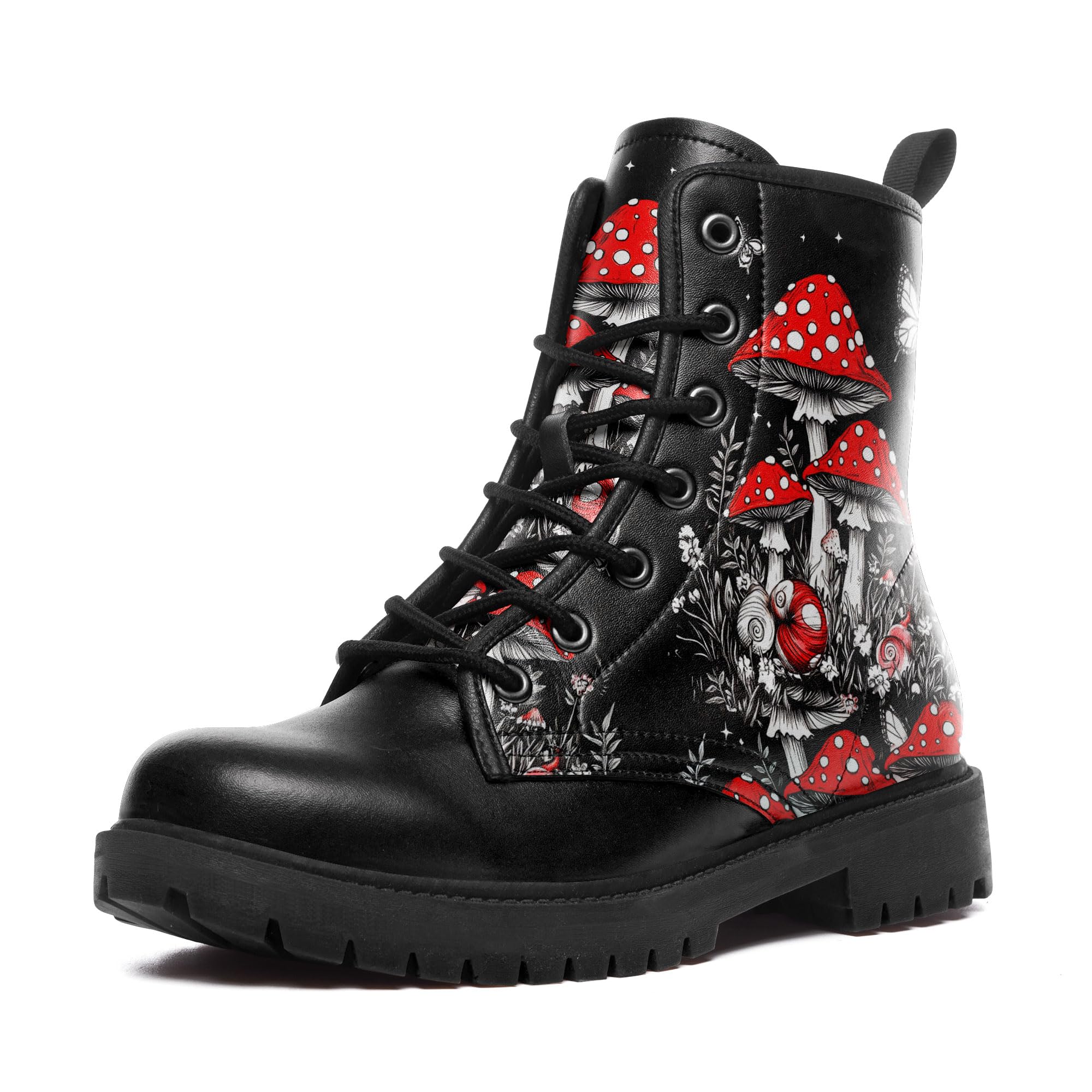 Mushroom Print Combat Boots for Women Comfortable Lace-Up Ankle Boots Platform Booties Everyday Fashion