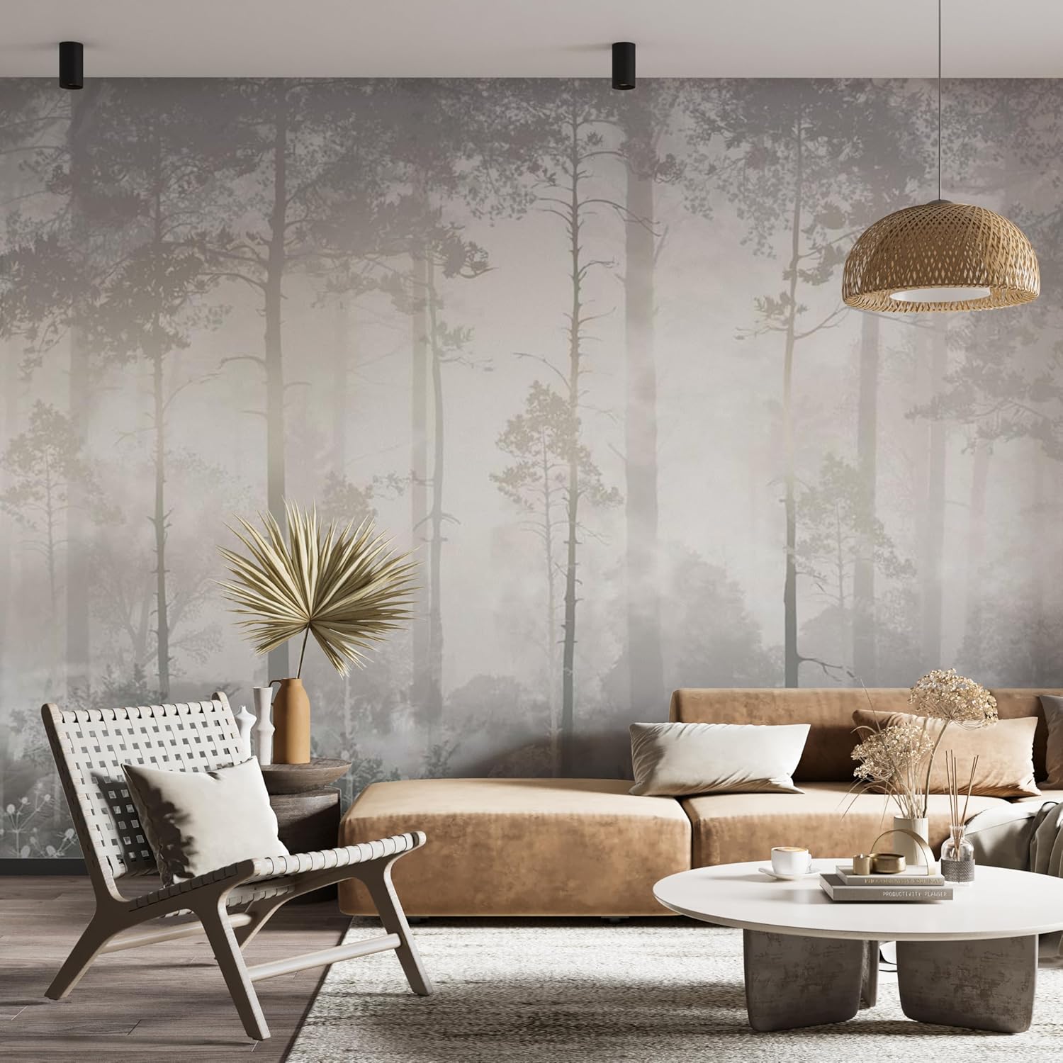 Misty Forest with Wildflowers Wall Mural Wallpaper - Delicate Pastel Nature Fresco Photo Wallpaper - Peel and Stick Removable Wallpaper - Self Adhesive Wall Mural for Bedroom Living Room Home