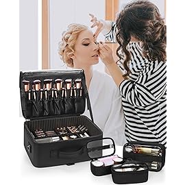 Relavel Large Makeup Bag with 3 Removable Pouches, Travel Train Case Cosmetic Organizer Carrying Box for Makeup Artists Hairstylist with Adjustable Dividers, Brush Holder and Shoulder Strap, Black