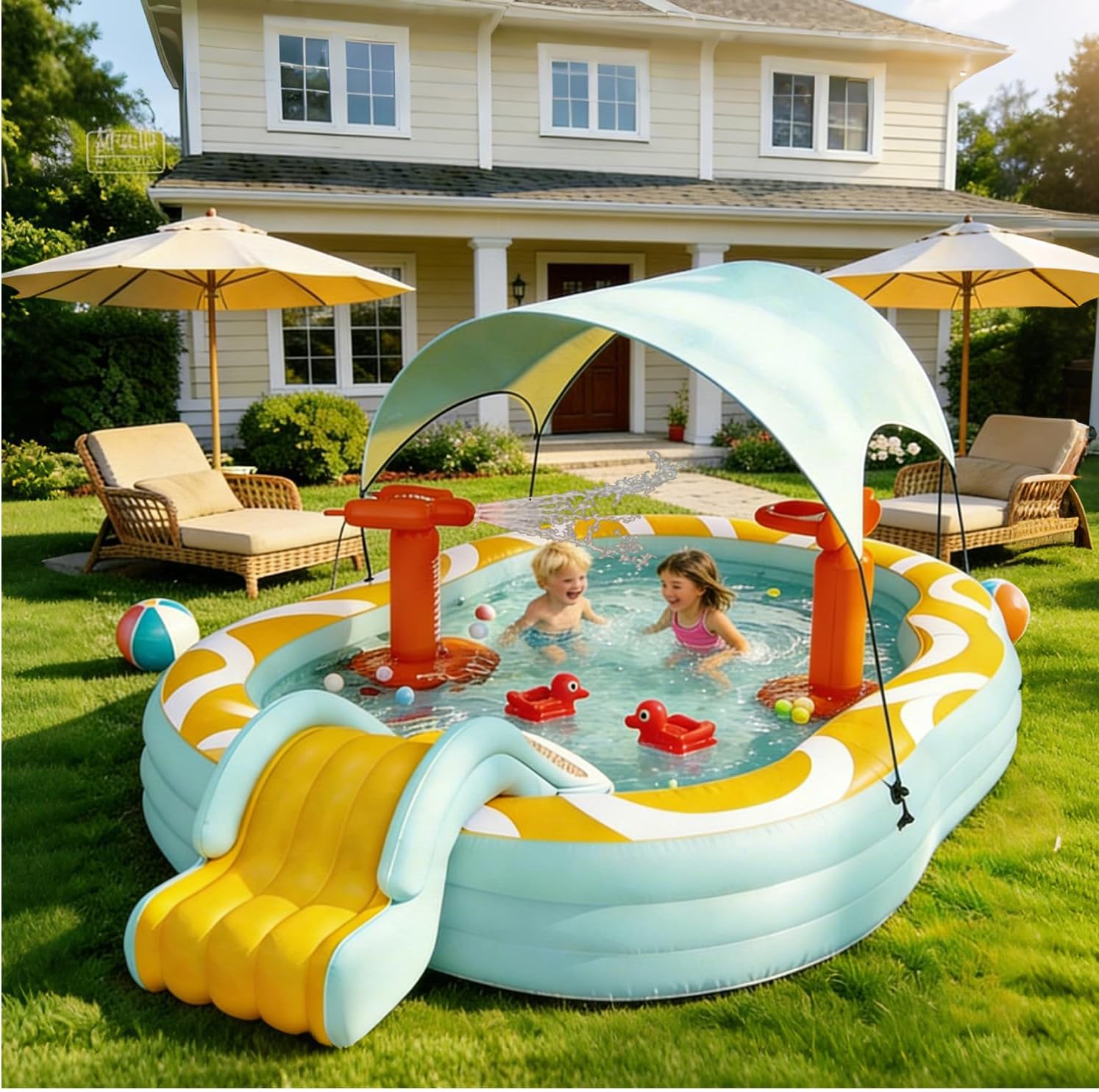 10FT Inflatable Pool for Kids Ages 2+ - Colorful Kids Pool with Slide, Water Gun & Basketball Hoop, with Canopy Outdoor Backyard Blow Up Pool for Summer Family Play