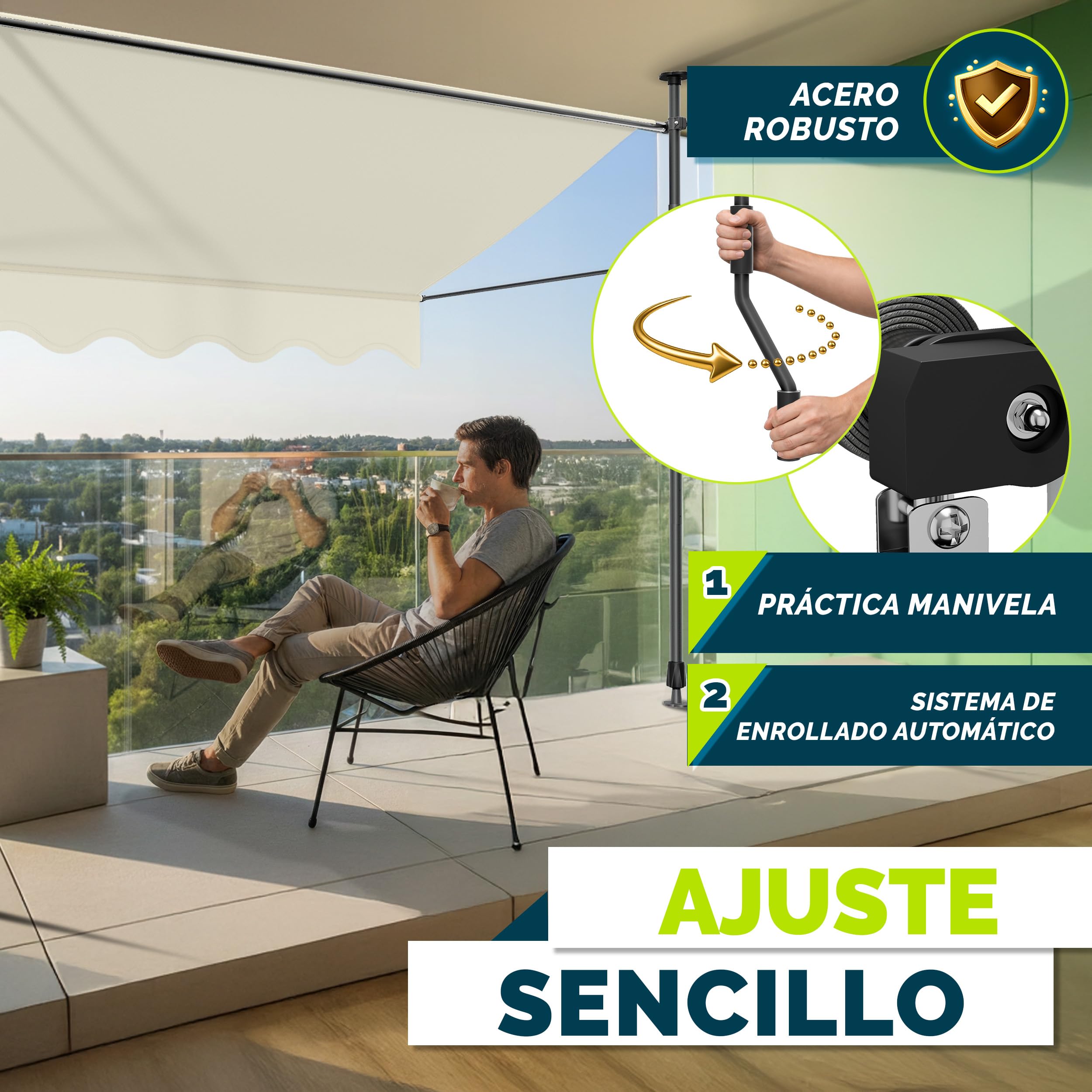 tillvex Toldo Manual portátil de balcón Patio | Toldo Ajustable con manivela para balcón | Parasol Resistente a UVA y Regulable en Altura | Protección Solar estanca a Agua (200cm, Arena)