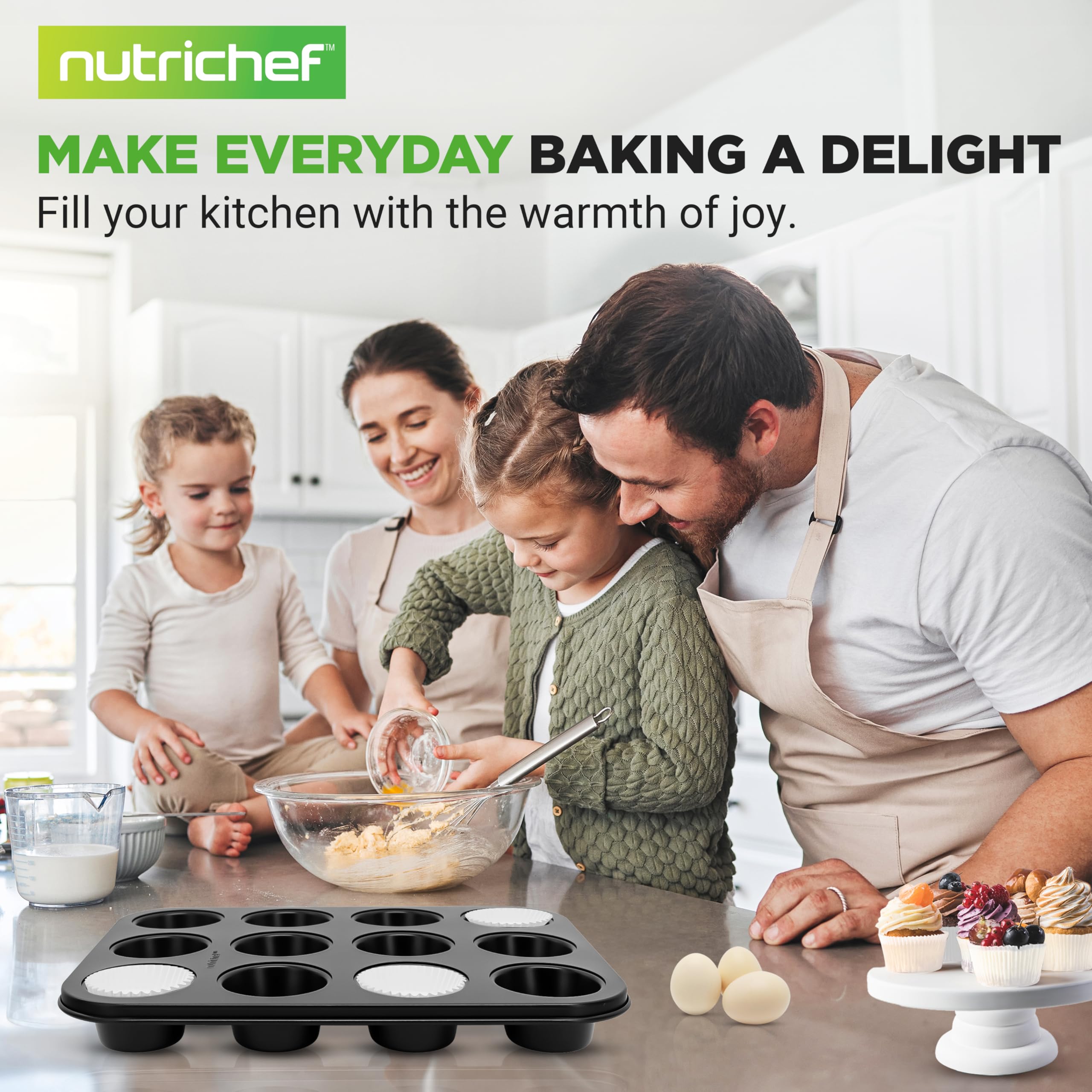 NutriChef Muffinformen zum Backen, antihaftbeschichtet, 12 Formen, stapelbare Cupcake-Formen, Karbonstahl, spülmaschinen- und ofenfest, inklusive 200 Pergamentpapiereinlagen, 33 x 10 x 2,5 cm, Schwarz