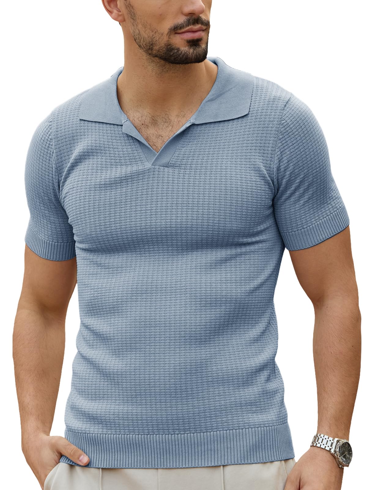 Les umes Herren Kurzarm-Polo-Shirts gestrickt V-Ausschnitt Tee Sommer Casual atmungsaktiv Poloshirts