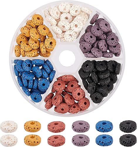 NBEADS 180 cuentas sueltas de piedra de lava, 6 colores, piedras preciosas volcánicas para hacer joyas hechas a mano