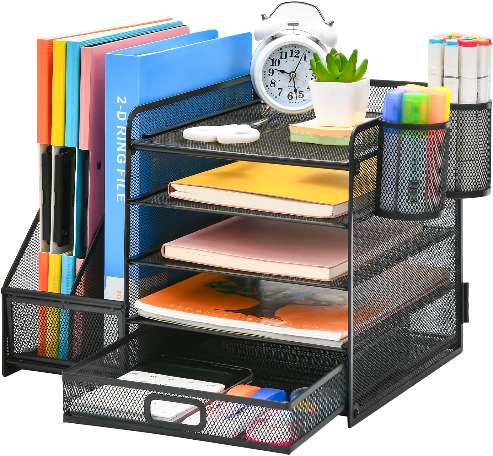 – Marbrasse Desk Organiser File Holder,5-Tier Paper Letter Tray Organiser with Drawer,2 Pen Holder,Mesh Desktop Storage with Magazine Holder for Office Supplies(Black)