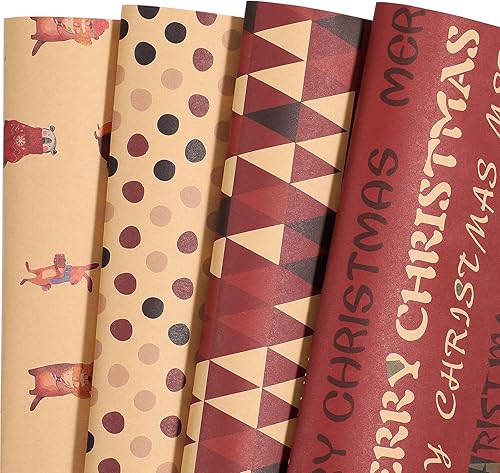 Ulmasinn Papel de regalo de Navidad, 8 hojas planas con animales del bosque de Navidad, lunares, triángulos, feliz Navidad para niños, papel de