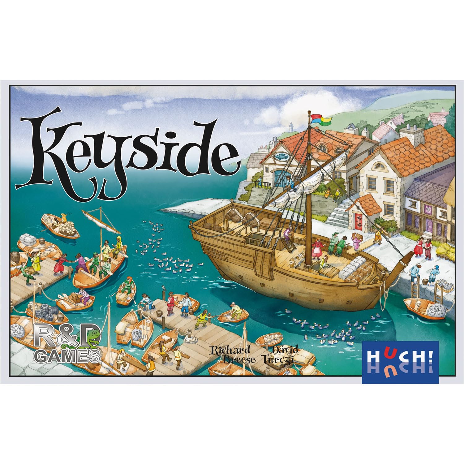 HUCH! Keyside, Kennerspiel, Würfelmanipulation und Arbeiterstrategien, Strategiespiel mit spannenden Szenarien, Für 1–4 Spieler ab 14 Jahren