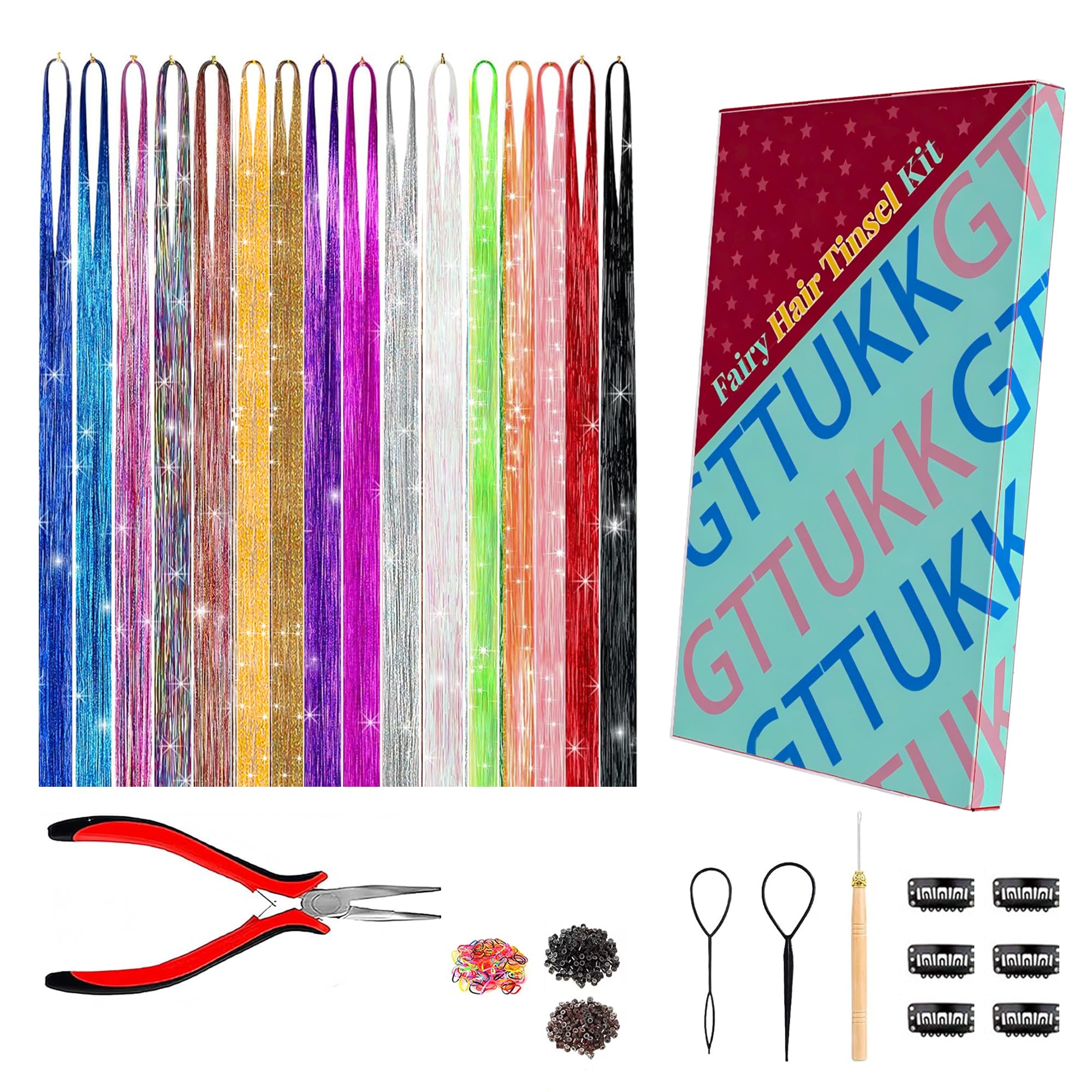 Fairy Hair Tinsel Kit 4800+ Strands 16 Colors 48" HR Glitter Tools