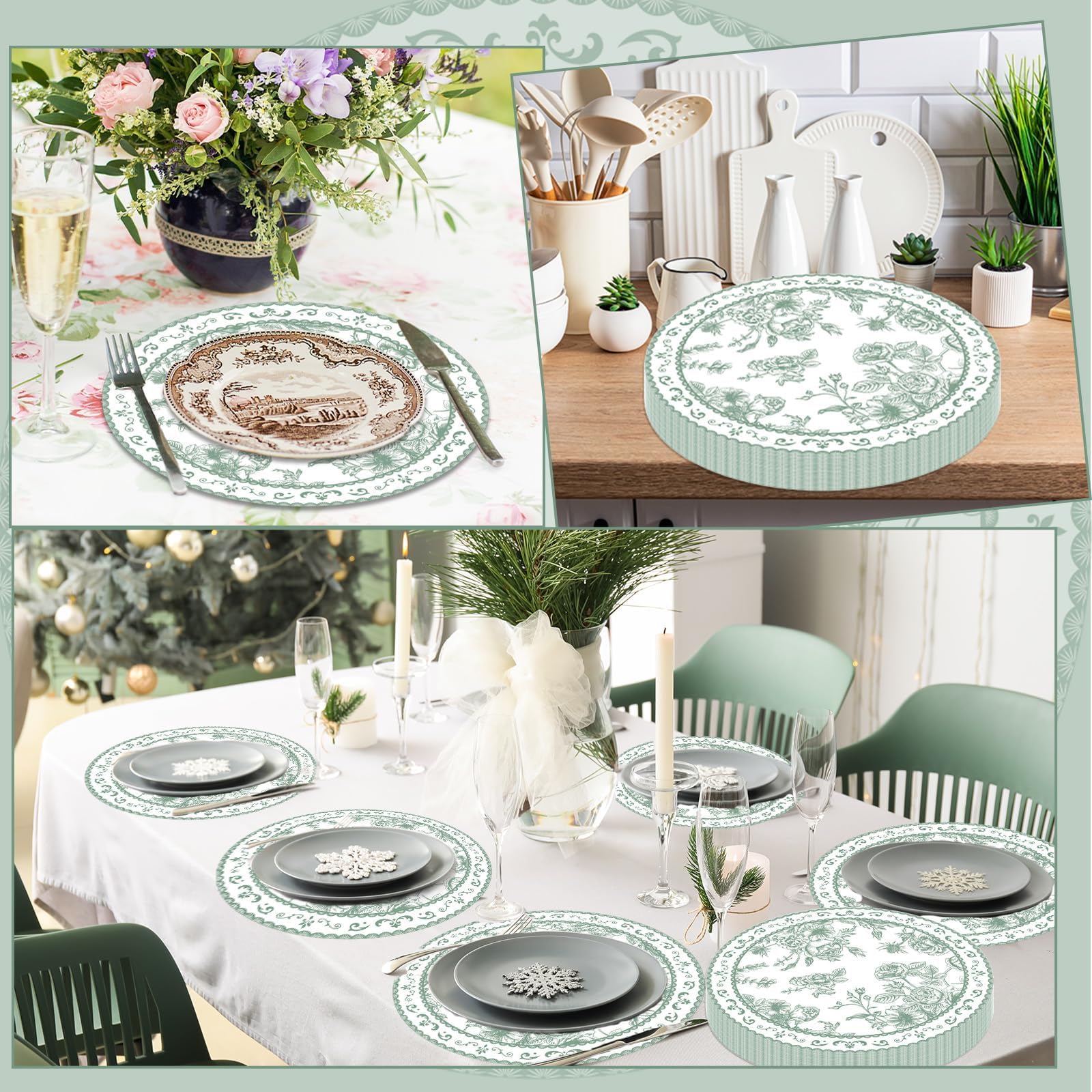 SLFR-100 Pcs Sage Green Floral Paper Placemats Wedding Party Placemats Drinks Coasters Disposable Greenery Flower Dinner Decorative Mats Wedding Part - View #6