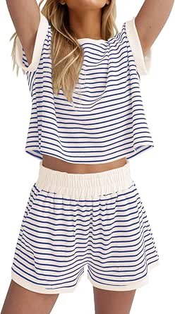 MISSACTIVER 2-Piece Women's Lounge Set Stripe Knit Short Sleeve Top and Shorts
