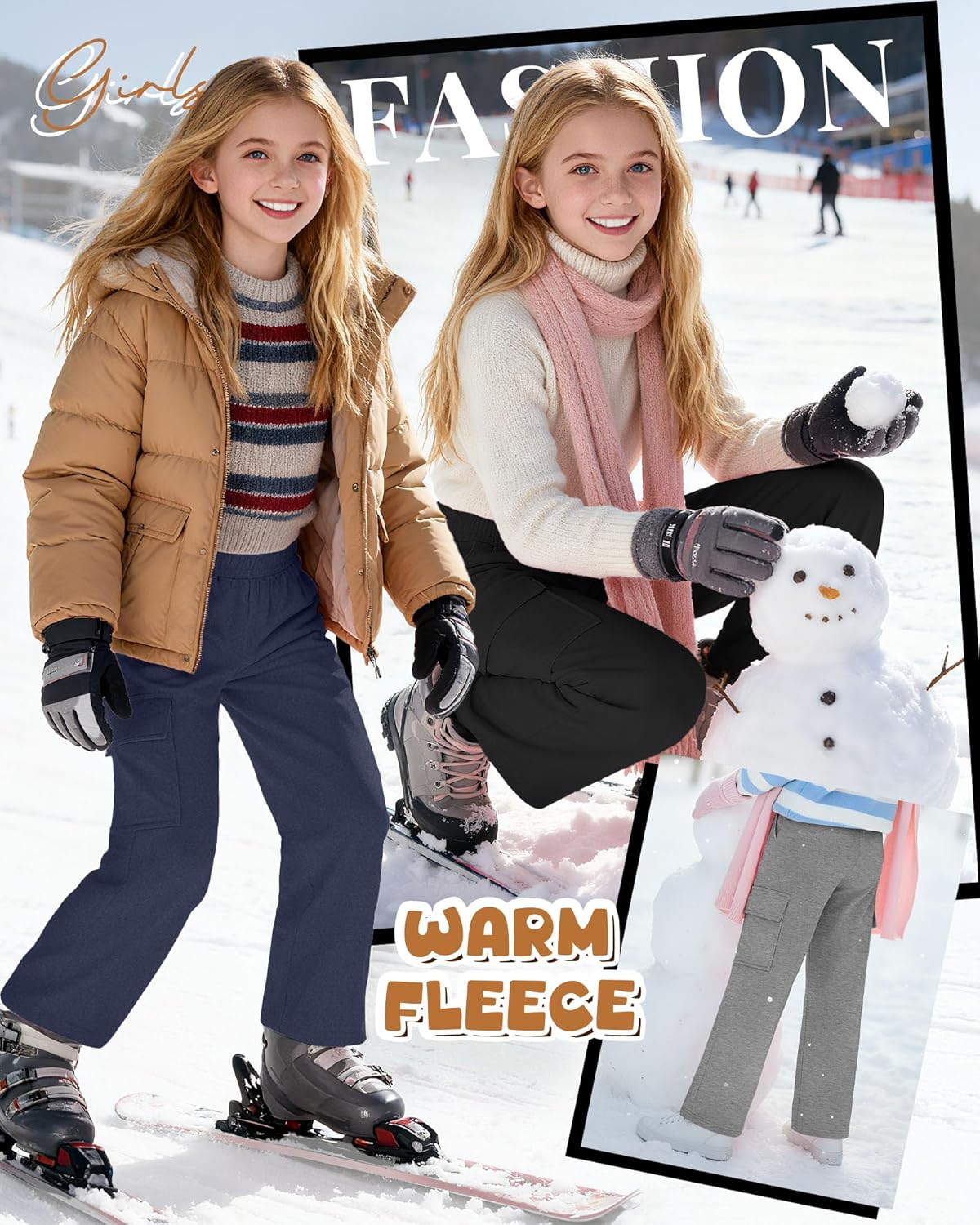 3 Pack Girls Thermal Fleece Cargo Sweatpants 5-14y 4 Pockets Kid Warm Wide Leg High Waist Baggy Casual Pants Jogger - Image 2