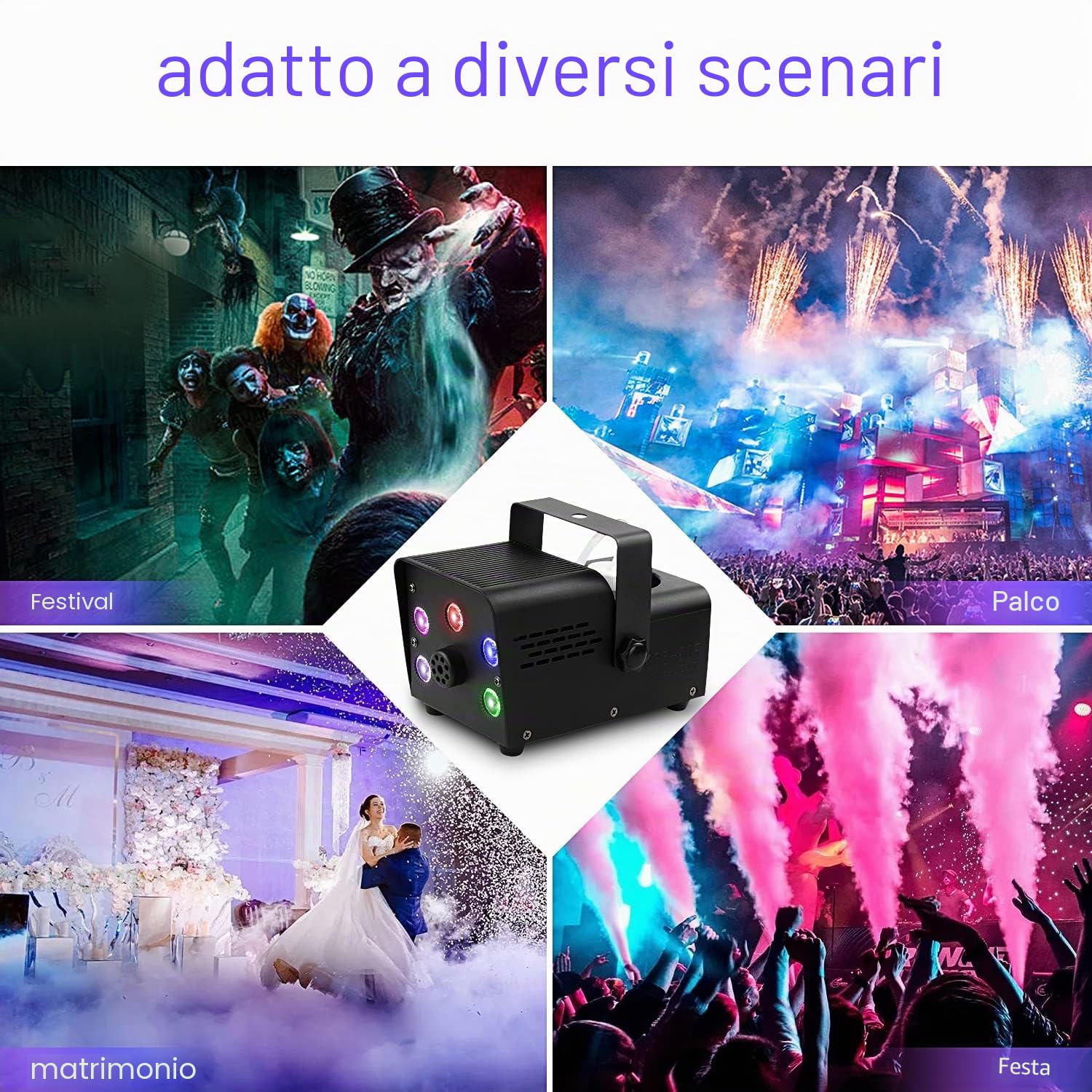 Macchina Del Fumo, Mini Macchina Del Fumo da 500 W con 5 Luci LED, Macchina Del Fumo con Effetto RGB e Telecomando Wireless per Feste DJ, Celebrazioni Nuziali, Spettacoli Teatrali e Halloween/Natale